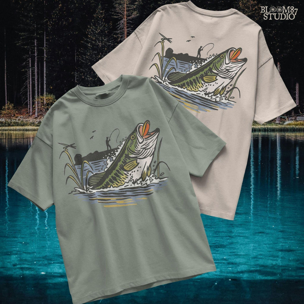 Largemouth bass fish jumping from the water as a fisherman casts from the shore, with reeds and splashes in vintage cartoon style.