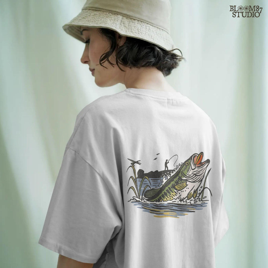 Largemouth bass fish jumping from the water as a fisherman casts from the shore, with reeds and splashes in vintage cartoon style.