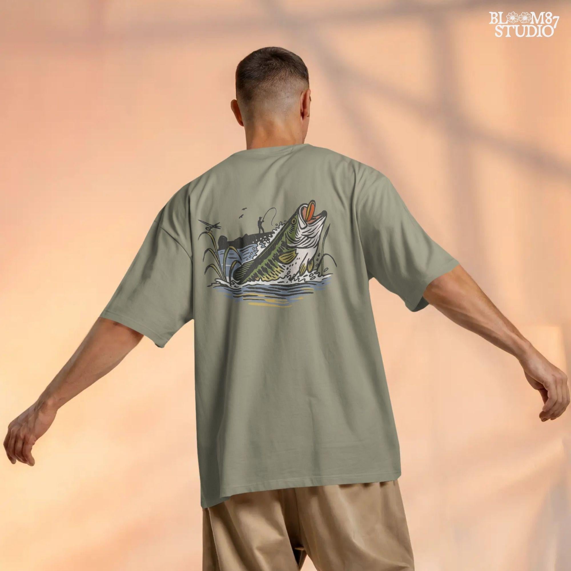 Largemouth bass fish jumping from the water as a fisherman casts from the shore, with reeds and splashes in vintage cartoon style.