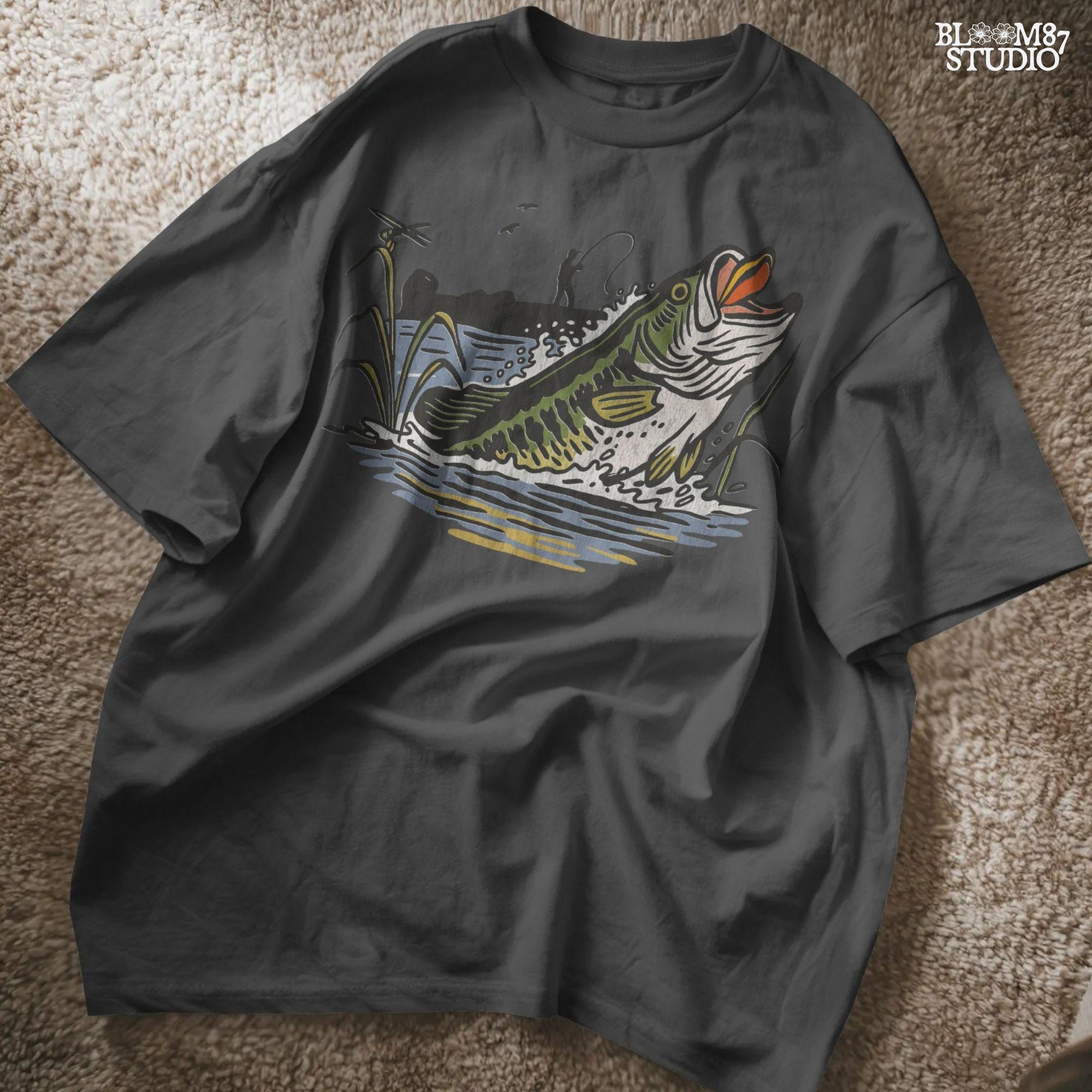 Largemouth bass fish jumping from the water as a fisherman casts from the shore, with reeds and splashes in vintage cartoon style.