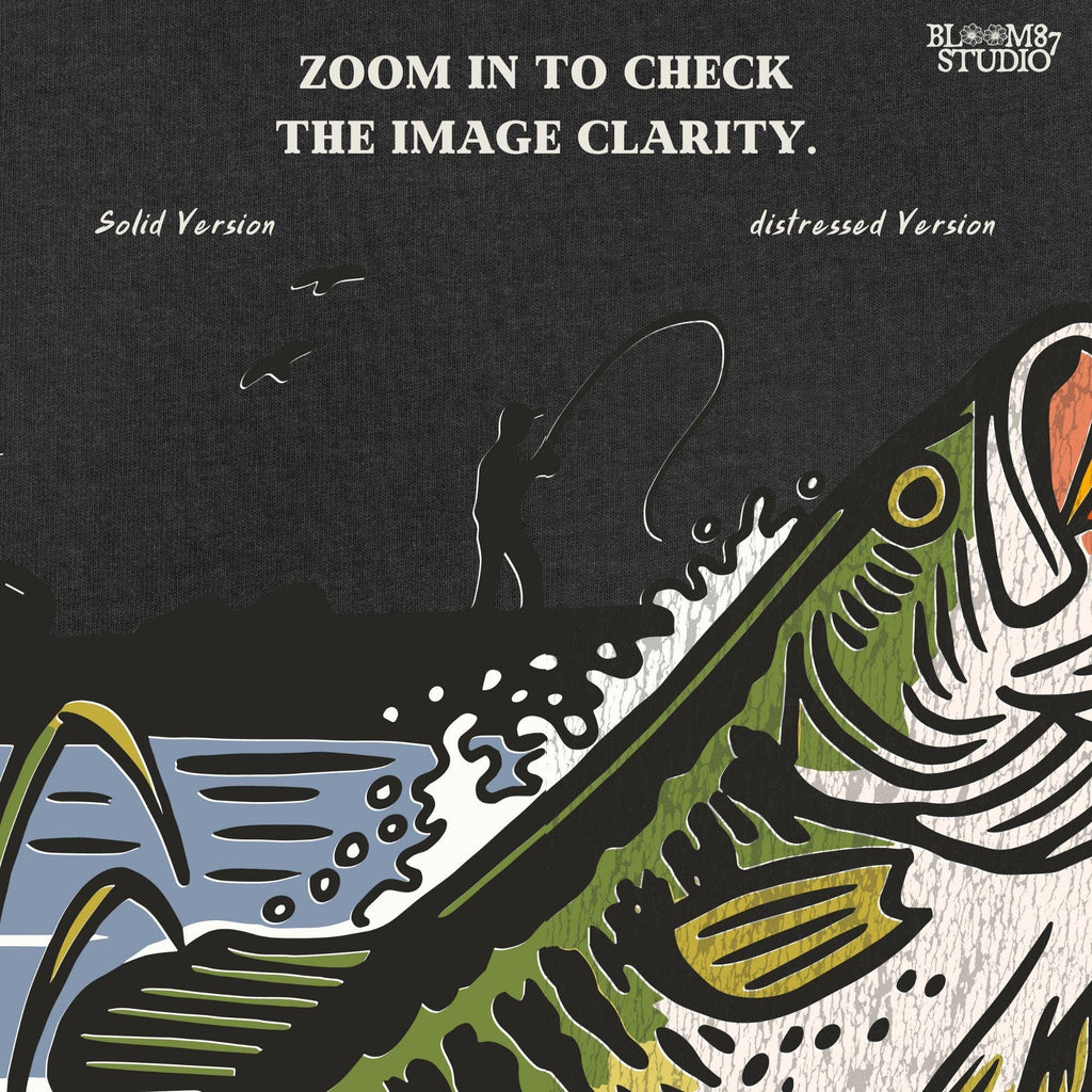 Largemouth bass fish jumping from the water as a fisherman casts from the shore, with reeds and splashes in vintage cartoon style.