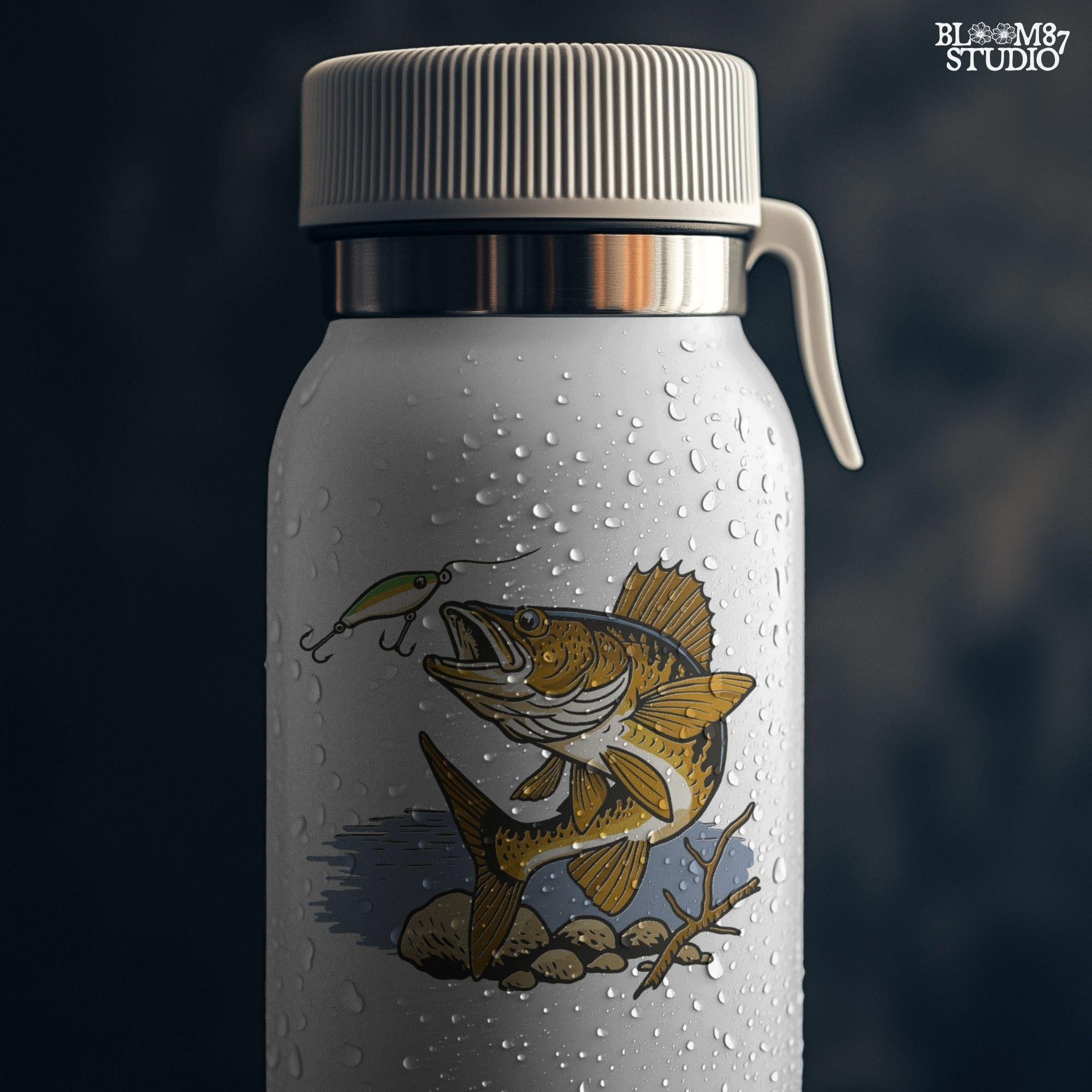 Walleye fish underwater lunging toward a fishing lure near lake rocks and branches, drawn in vintage style with natural colors.