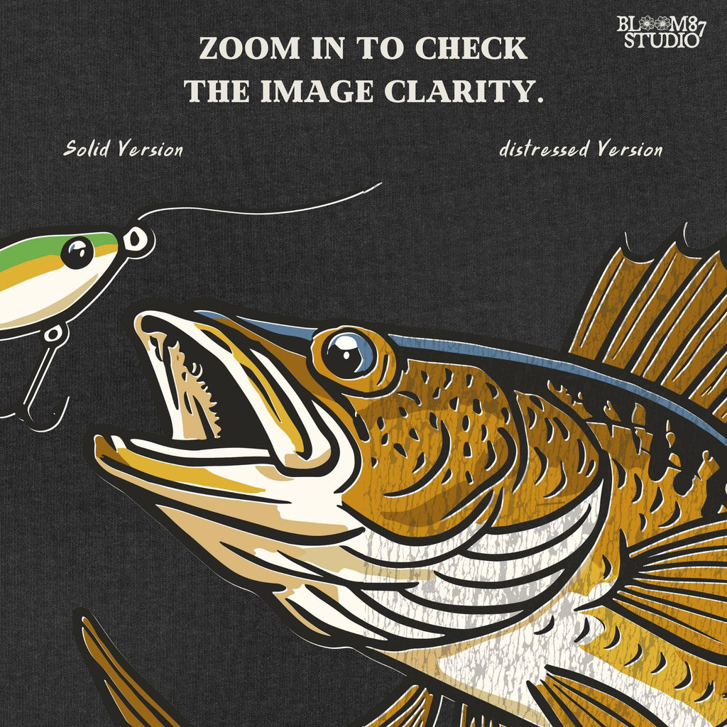 Walleye fish underwater lunging toward a fishing lure near lake rocks and branches, drawn in vintage style with natural colors.