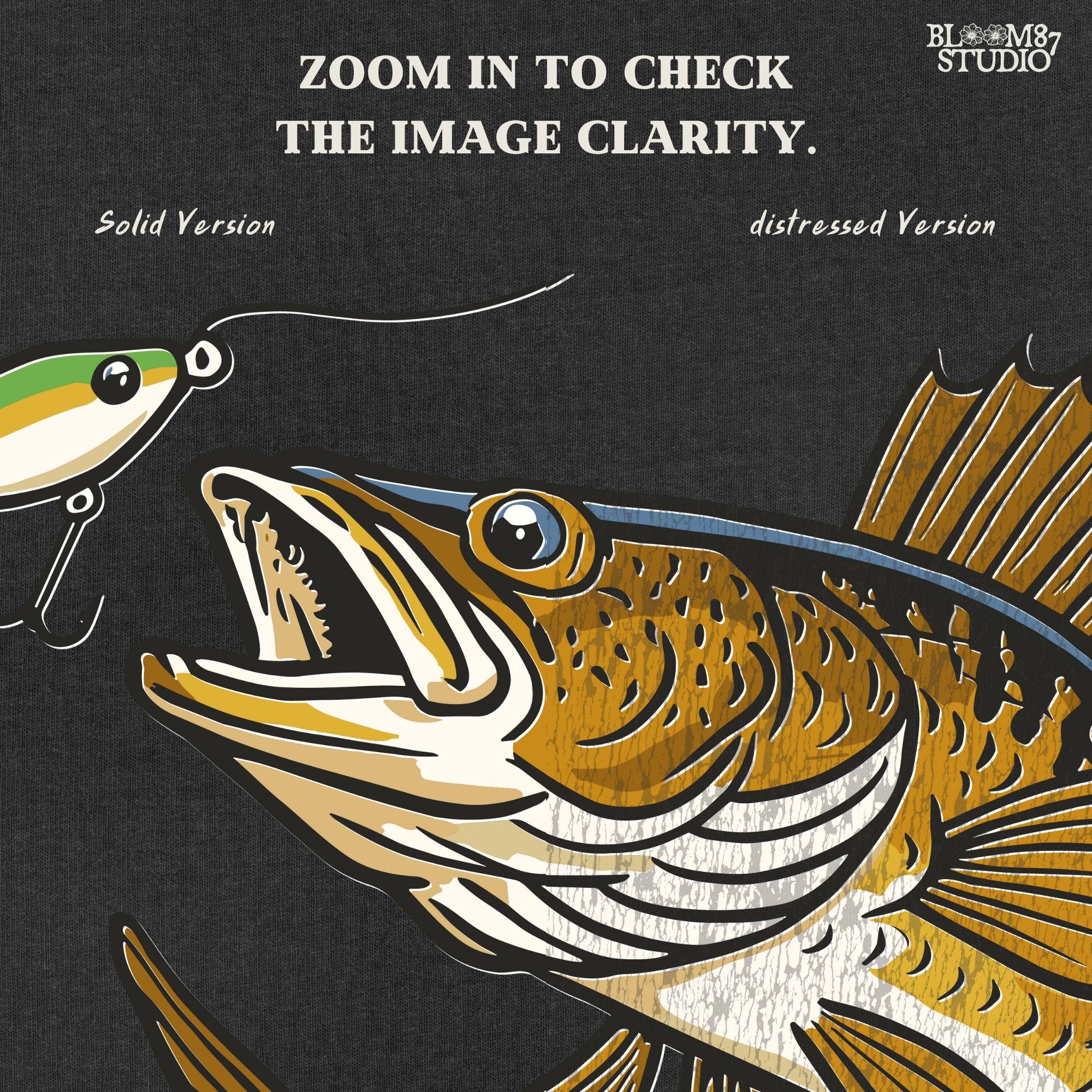 Walleye fish underwater lunging toward a fishing lure near lake rocks and branches, drawn in vintage style with natural colors.