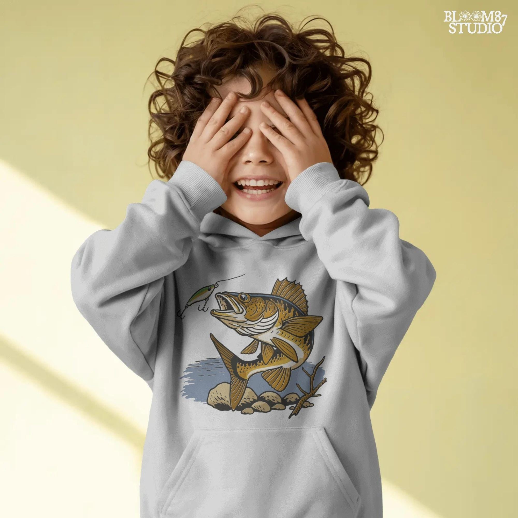 Walleye fish underwater lunging toward a fishing lure near lake rocks and branches, drawn in vintage style with natural colors.