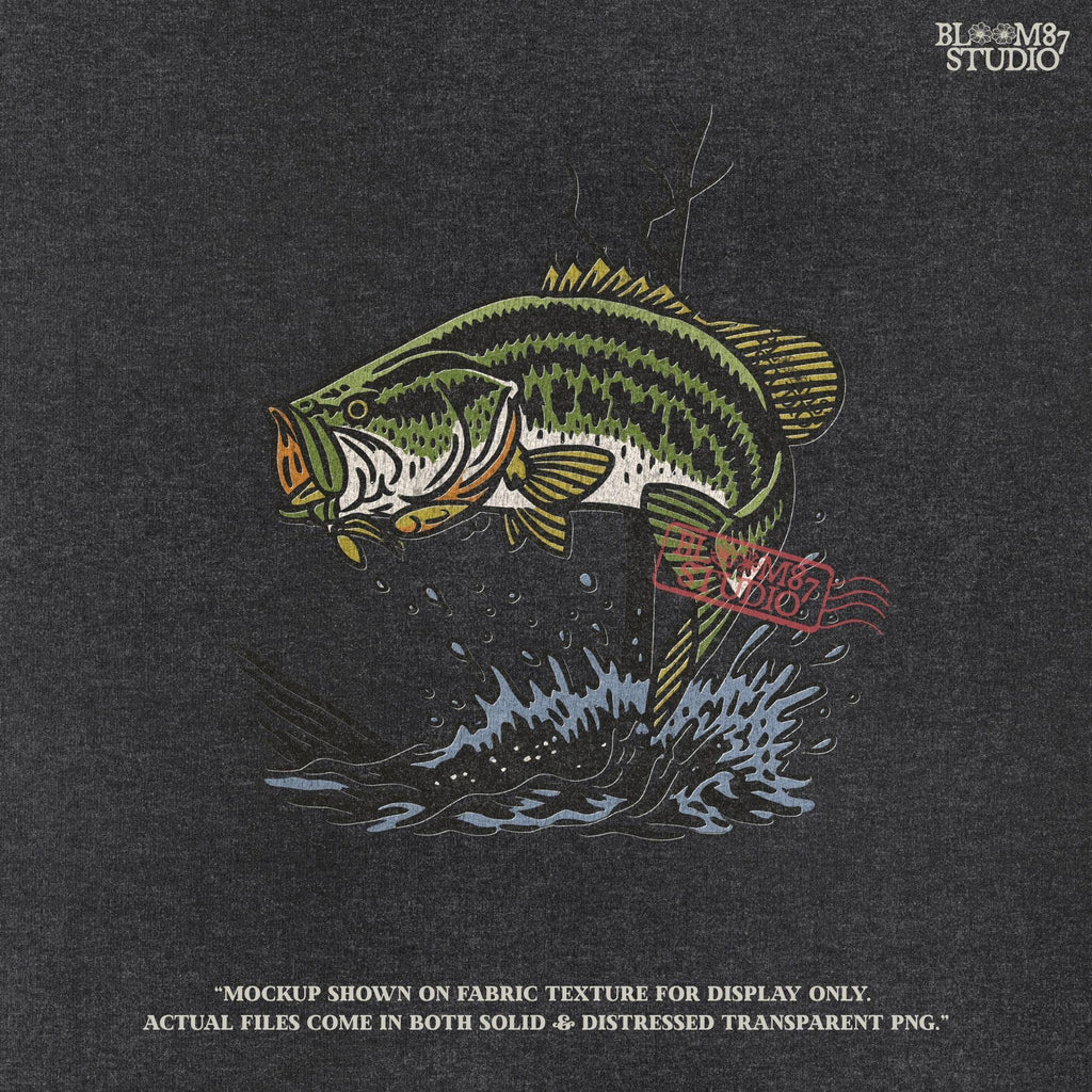 Largemouth bass fish leaping from water with a lure in its mouth, surrounded by splashing water and tree branches in a bold vintage style.