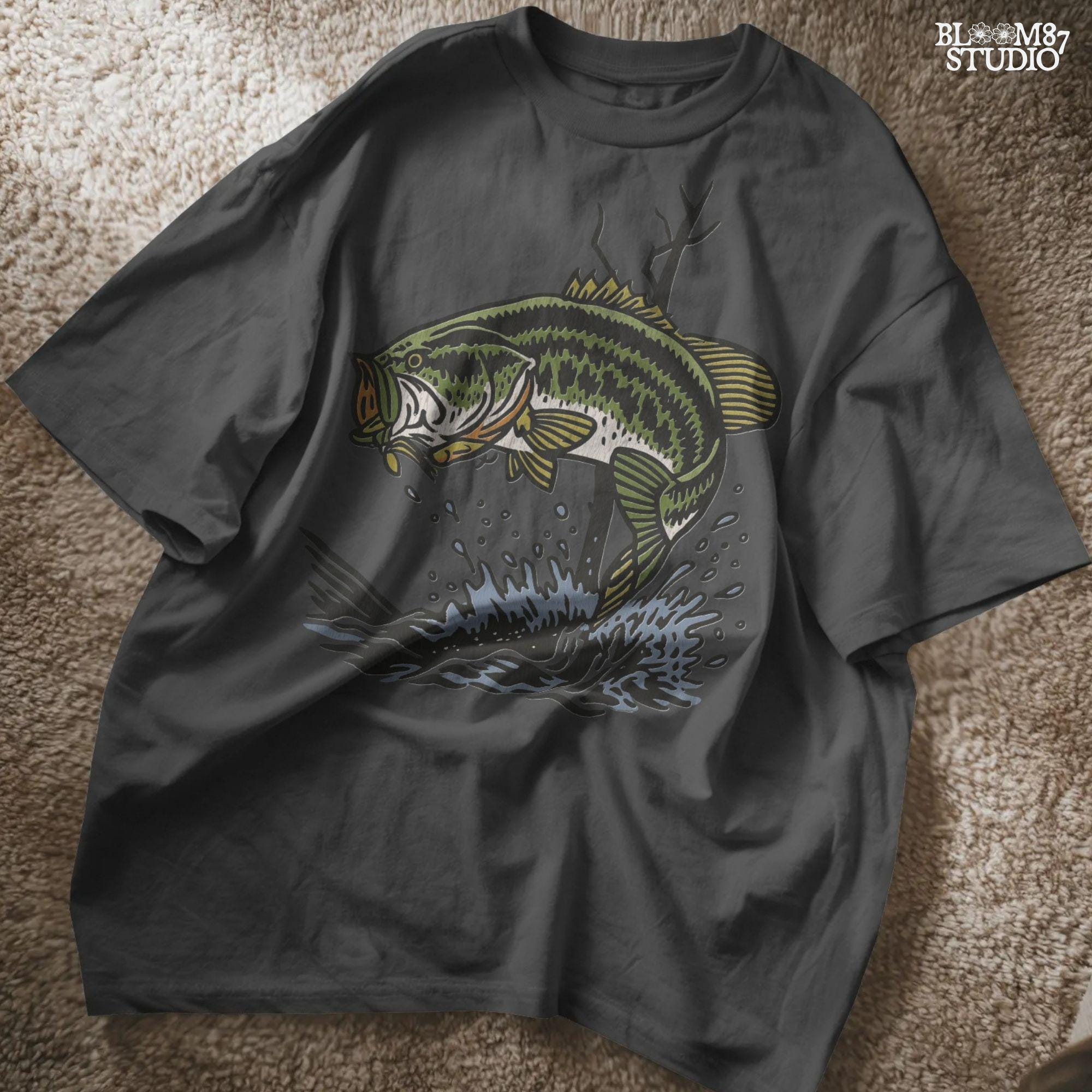 Largemouth bass fish leaping from water with a lure in its mouth, surrounded by splashing water and tree branches in a bold vintage style.