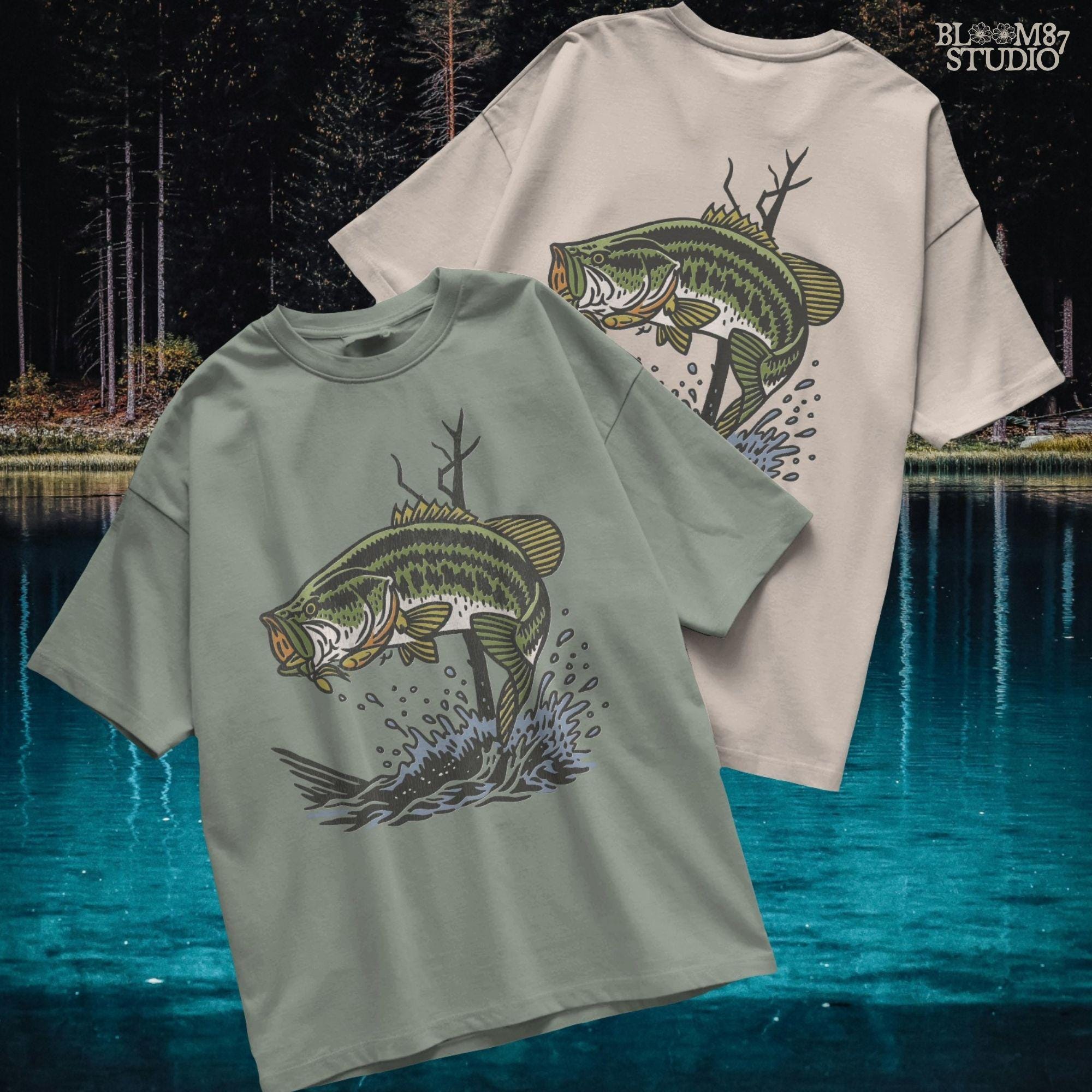 Largemouth bass fish leaping from water with a lure in its mouth, surrounded by splashing water and tree branches in a bold vintage style.