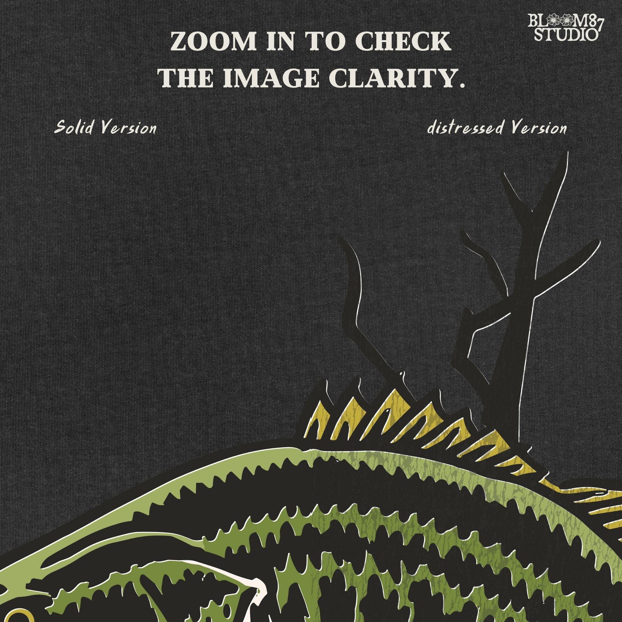 Largemouth bass fish leaping from water with a lure in its mouth, surrounded by splashing water and tree branches in a bold vintage style.