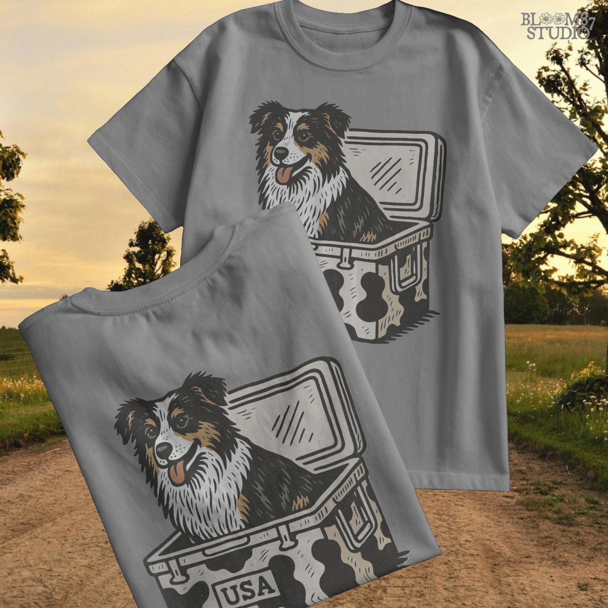 Illustration of an Australian Shepherd dog sitting inside a cowhide-pattern USA cooler; western patriotic sublimation PNG for dog lovers and crafters.