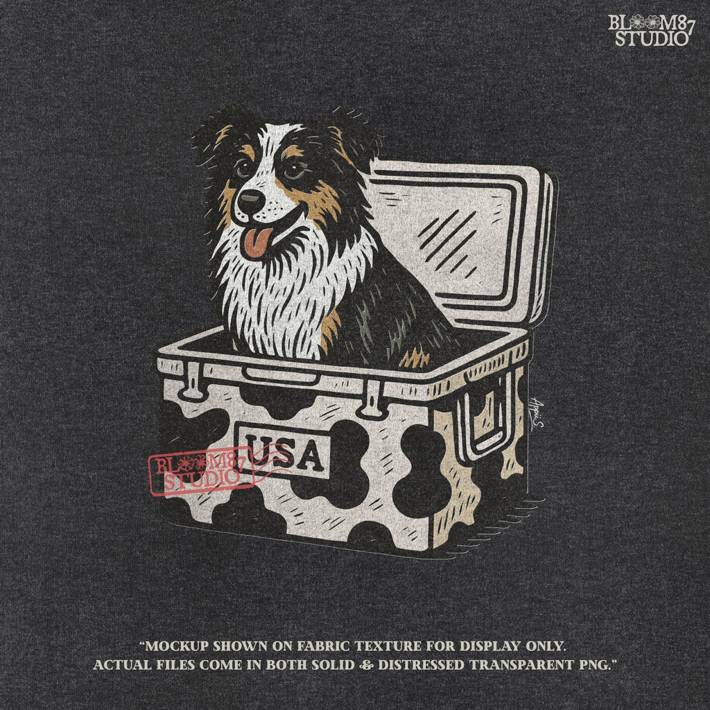 Illustration of an Australian Shepherd dog sitting inside a cowhide-pattern USA cooler; western patriotic sublimation PNG for dog lovers and crafters.