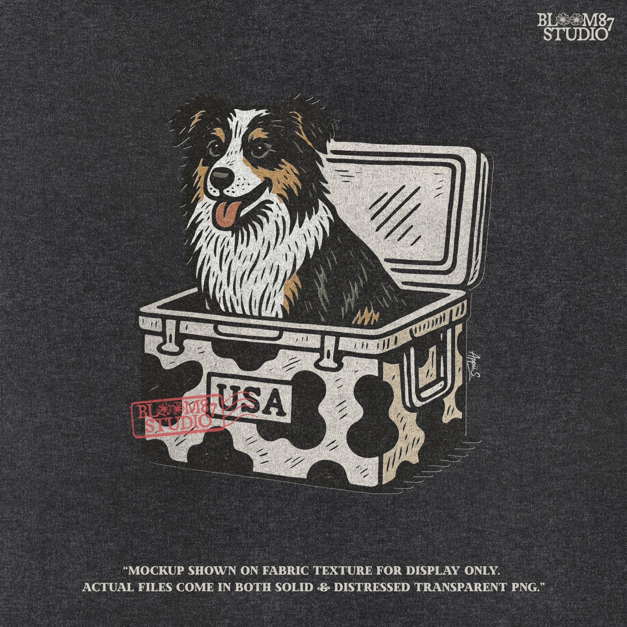 Illustration of an Australian Shepherd dog sitting inside a cowhide-pattern USA cooler; western patriotic sublimation PNG for dog lovers and crafters.
