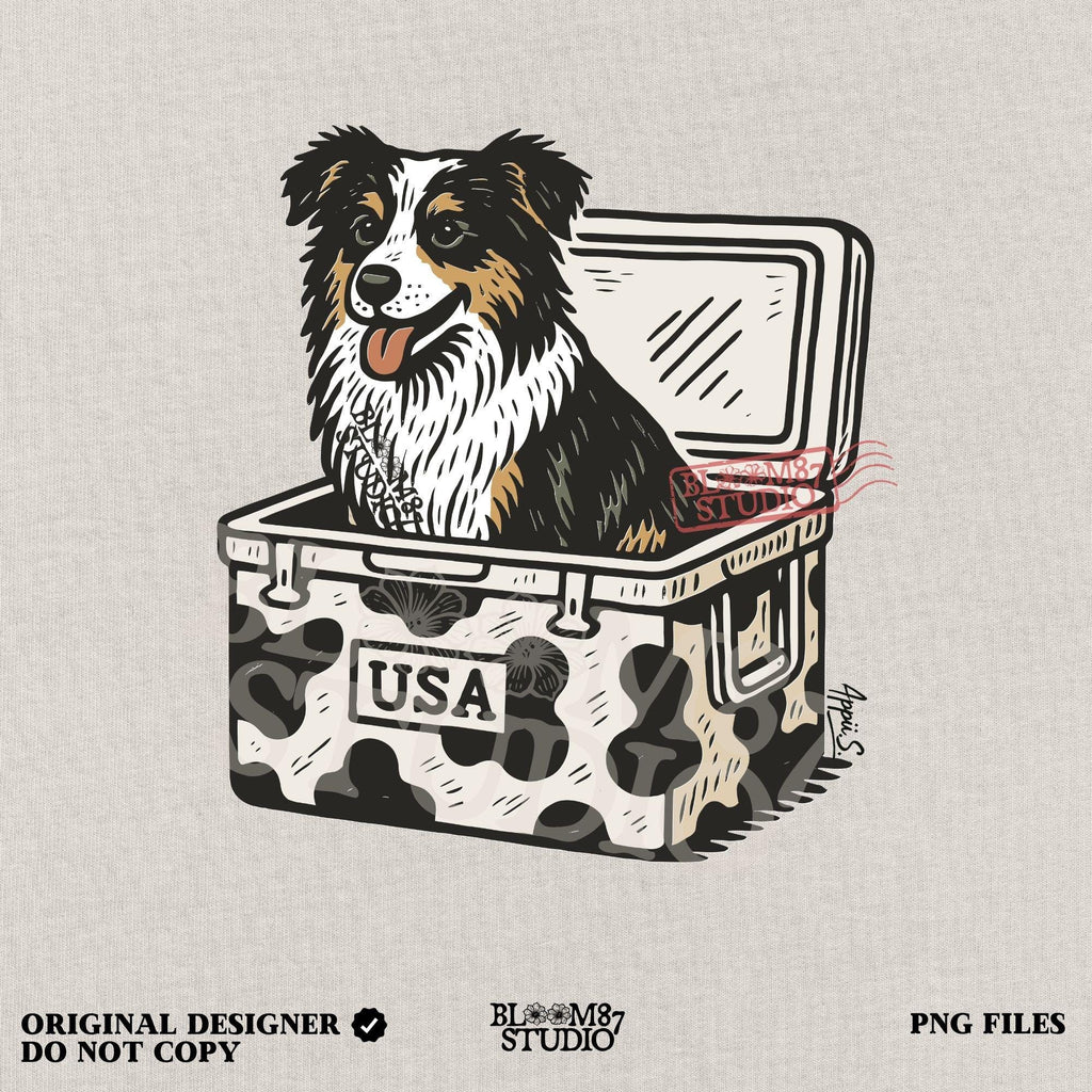 Illustration of an Australian Shepherd dog sitting inside a cowhide-pattern USA cooler; western patriotic sublimation PNG for dog lovers and crafters.