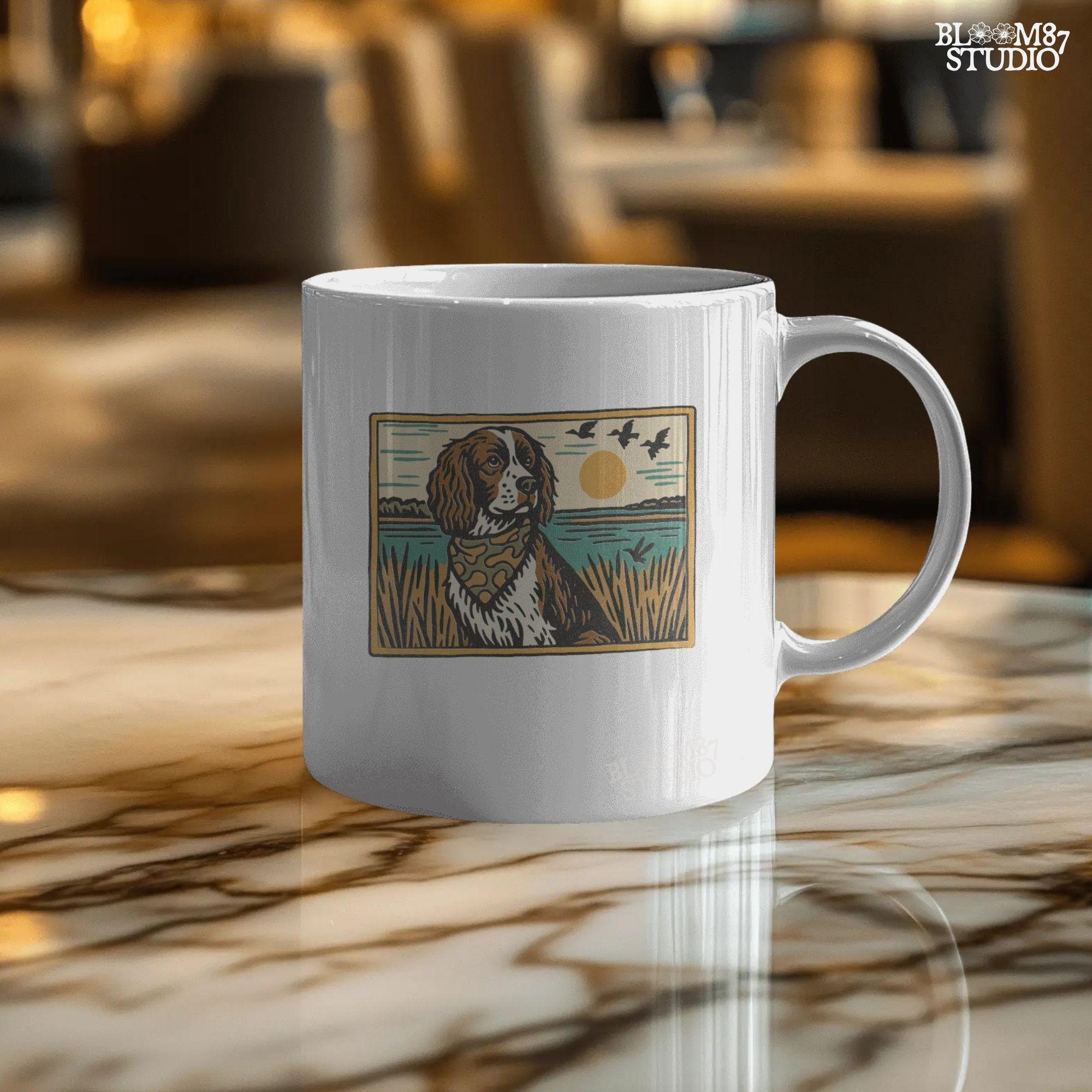 Illustration of a spaniel dog in a camouflage bandana sitting near a lake with sunset and ducks flying overhead; rustic southern sublimation PNG for apparel.