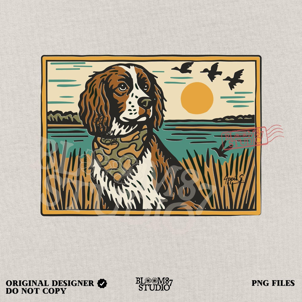 Illustration of a spaniel dog in a camouflage bandana sitting near a lake with sunset and ducks flying overhead; rustic southern sublimation PNG for apparel.