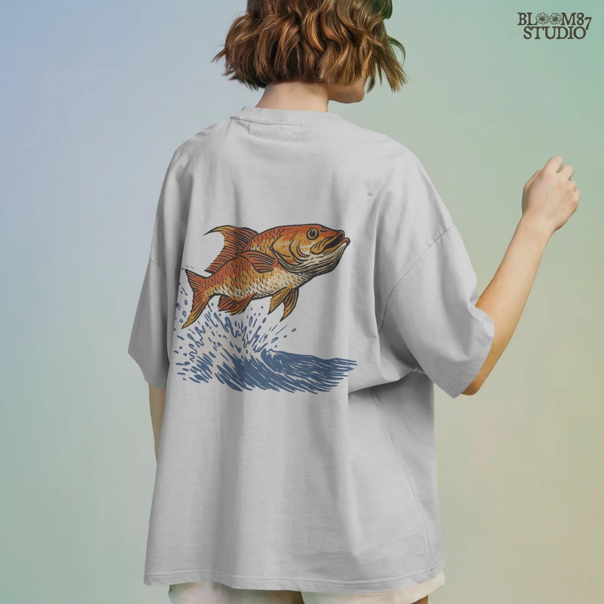 Redfish jumping from the ocean with large splash, illustrated in bold vintage style with orange scales and dramatic water movement.