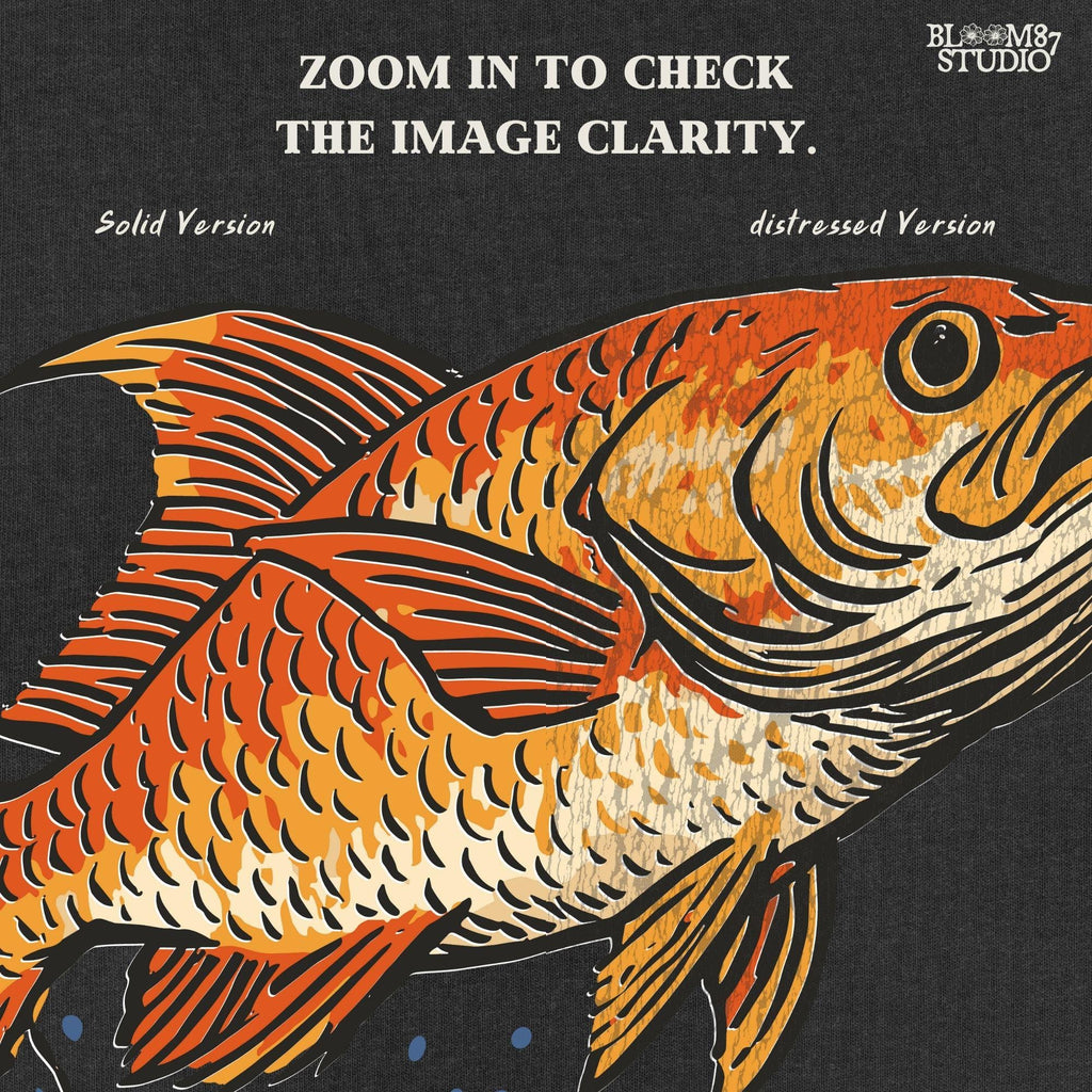 Redfish jumping from the ocean with large splash, illustrated in bold vintage style with orange scales and dramatic water movement.