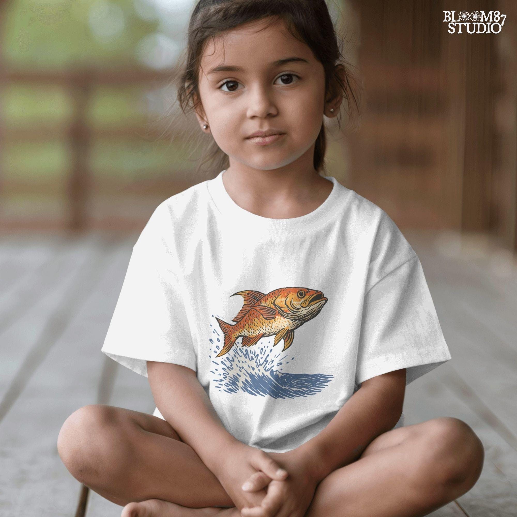 Redfish jumping from the ocean with large splash, illustrated in bold vintage style with orange scales and dramatic water movement.