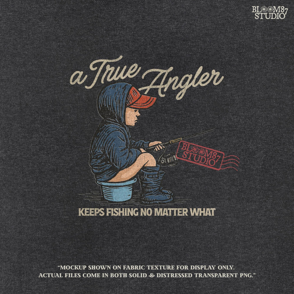 Cartoon of young boy sitting on a bucket in hoodie and boots, fishing with full focus, with the quote “A True Angler Keeps Fishing No Matter What.”