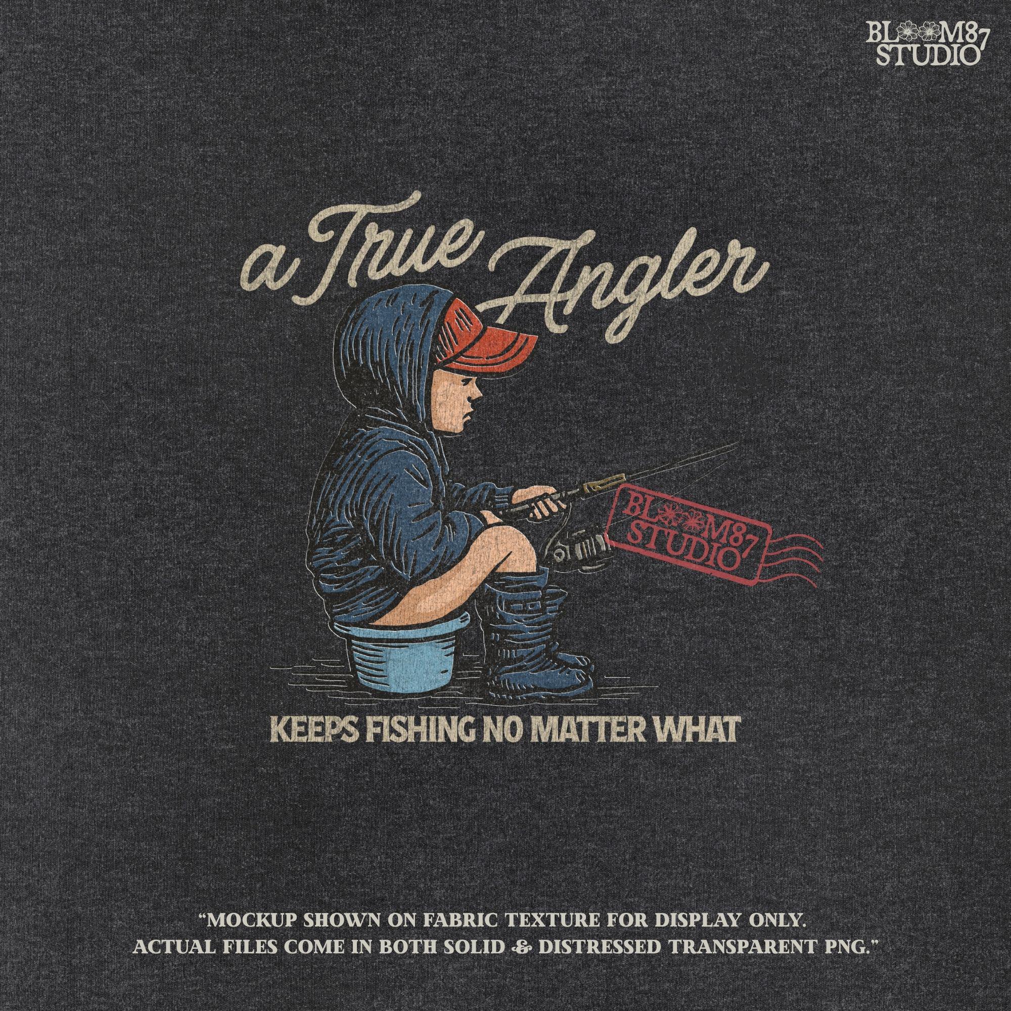 Cartoon of young boy sitting on a bucket in hoodie and boots, fishing with full focus, with the quote “A True Angler Keeps Fishing No Matter What.”