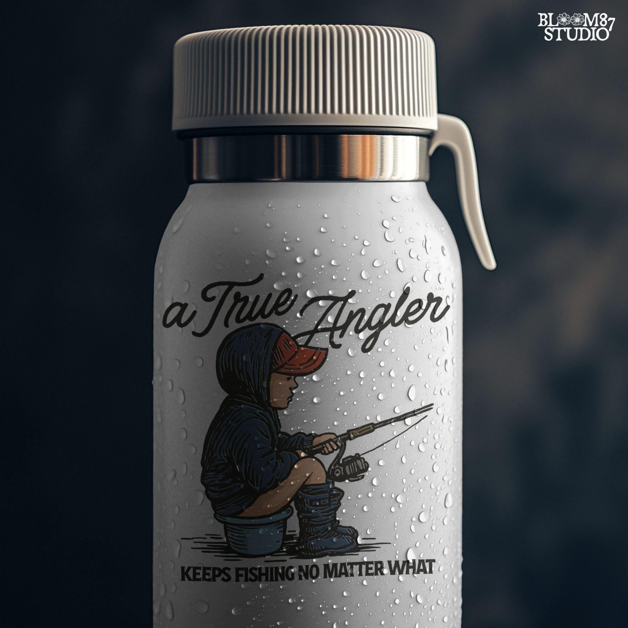 Cartoon of young boy sitting on a bucket in hoodie and boots, fishing with full focus, with the quote “A True Angler Keeps Fishing No Matter What.”