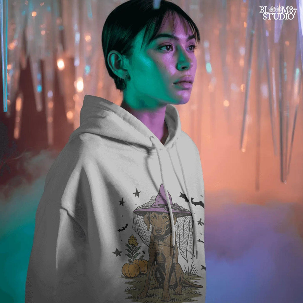 Illustration of a brown labrador wearing a witch hat, sitting in grass with pumpkins and stars in the background, in Halloween spooky style.