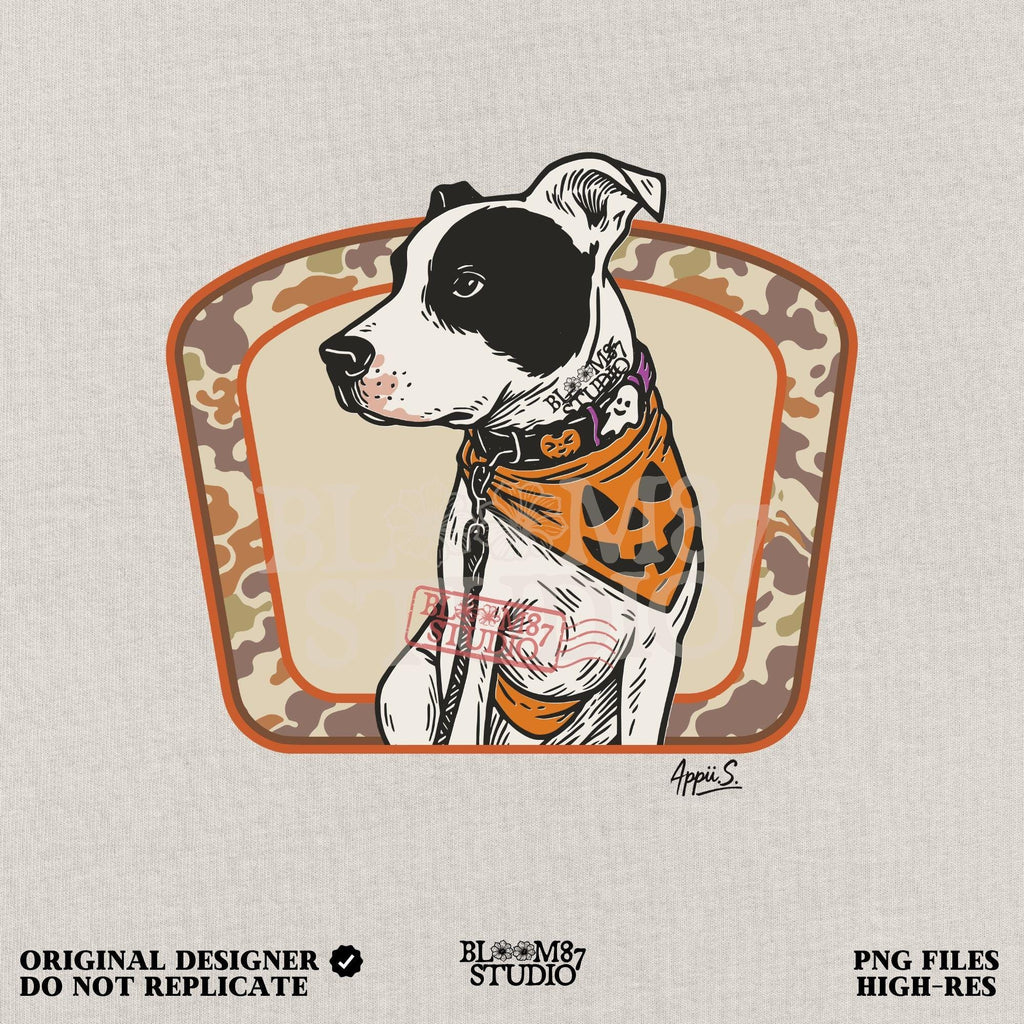 Illustration of a black and white pitbull wearing a jack-o’-lantern bandana and Halloween collar, framed by a camo background.