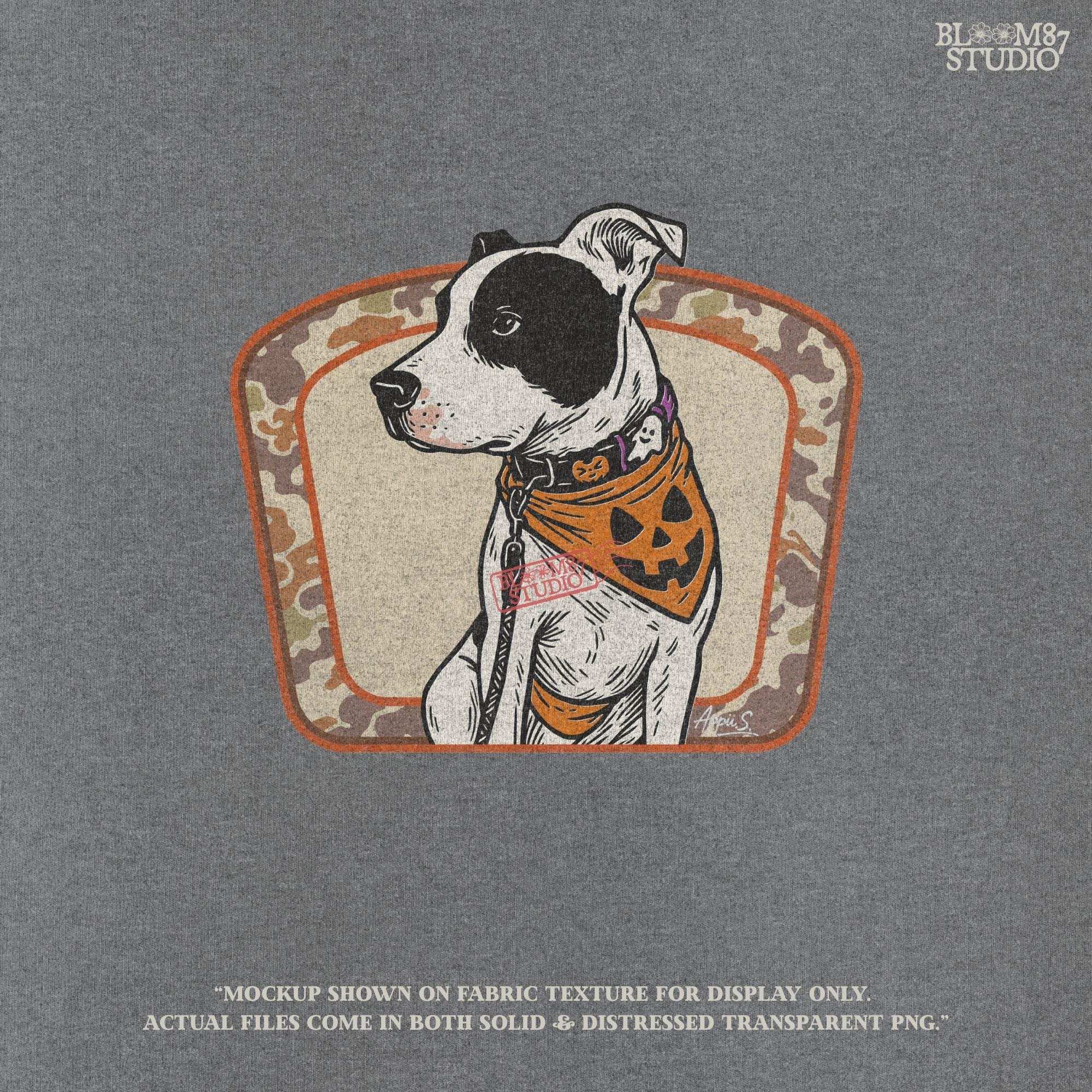 Illustration of a black and white pitbull wearing a jack-o’-lantern bandana and Halloween collar, framed by a camo background.