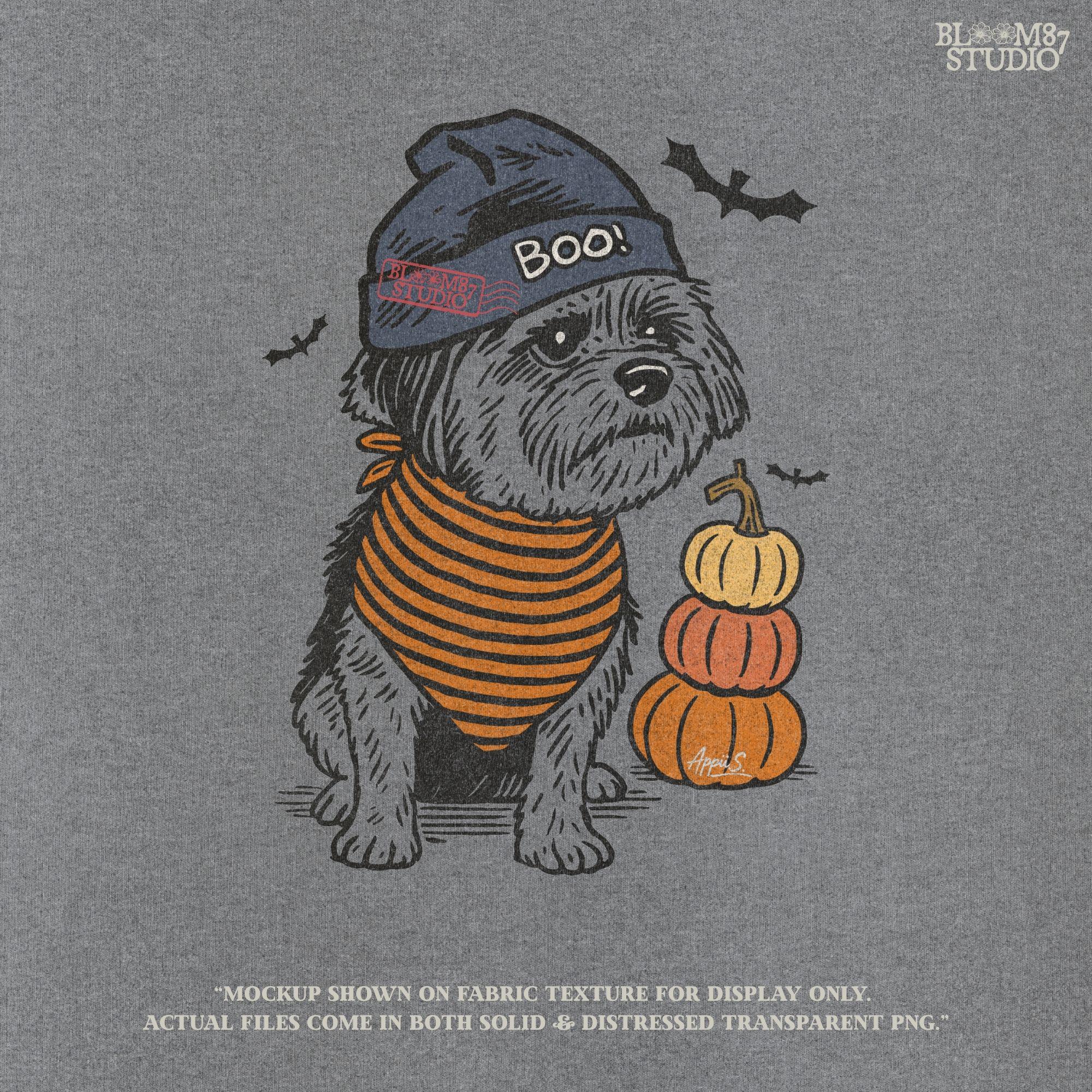 Illustration of a black dog wearing a “BOO!” hat and orange striped bandana, sitting next to stacked pumpkins on a Halloween background.