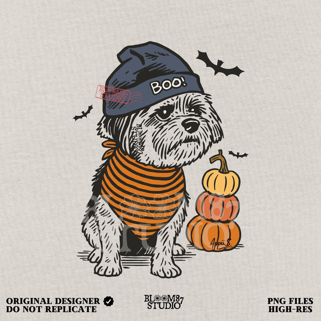 Illustration of a black dog wearing a “BOO!” hat and orange striped bandana, sitting next to stacked pumpkins on a Halloween background.