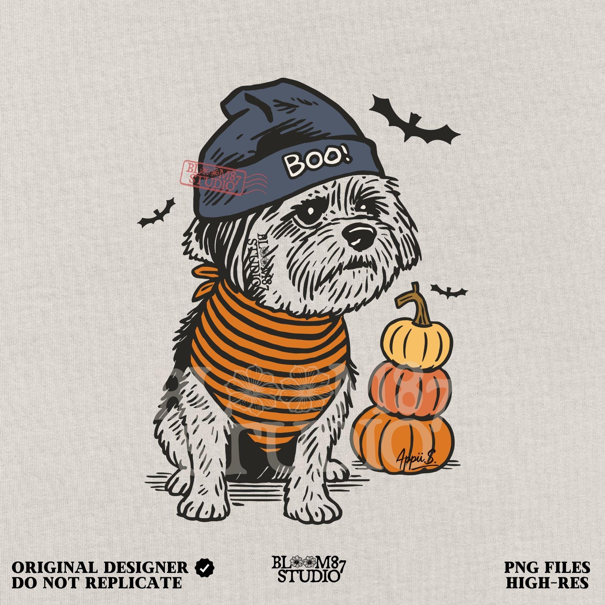 Illustration of a black dog wearing a “BOO!” hat and orange striped bandana, sitting next to stacked pumpkins on a Halloween background.
