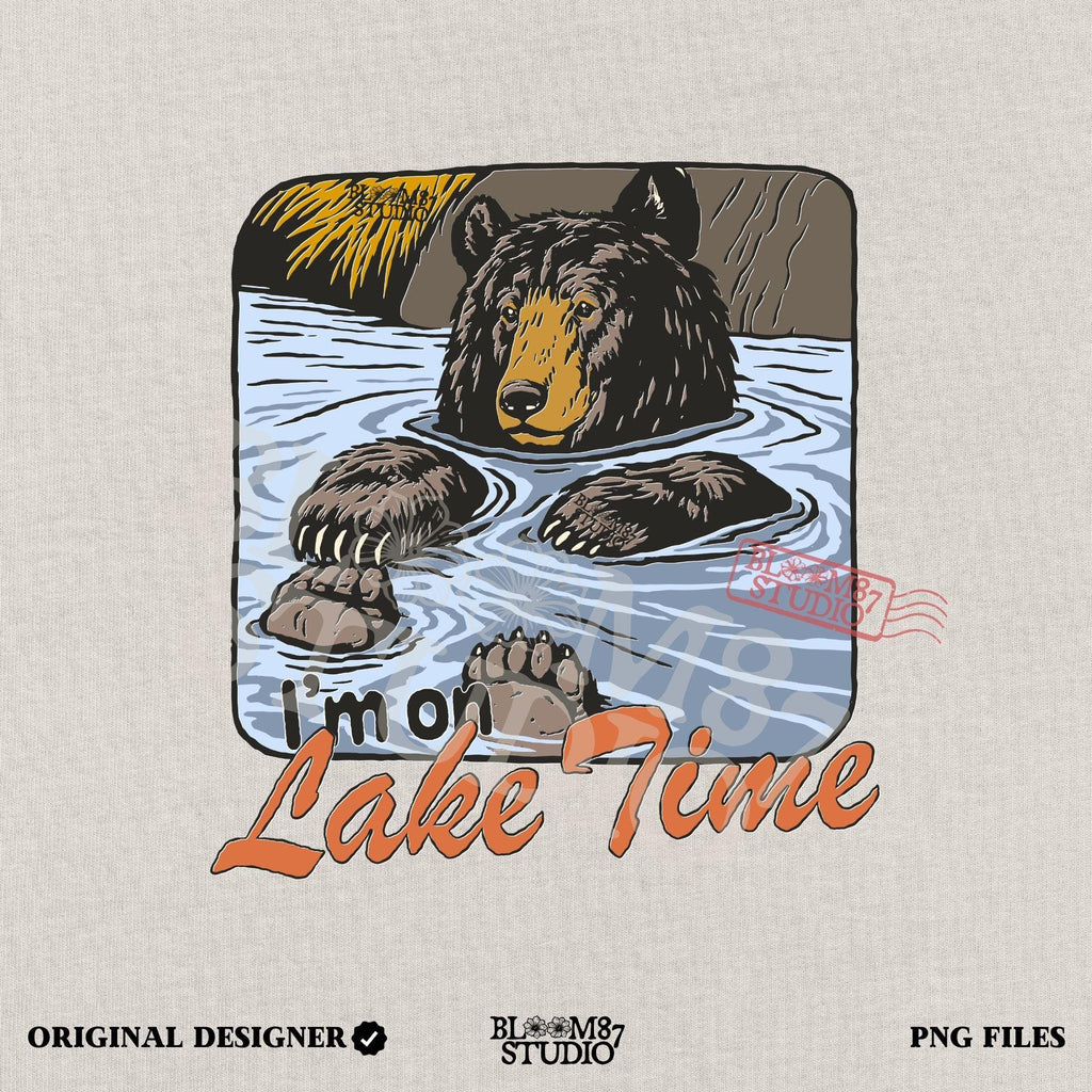 Cartoon bear relaxing in a lake with paws up, text reads “I’m on Lake Time,” in a cozy, vintage outdoor style.