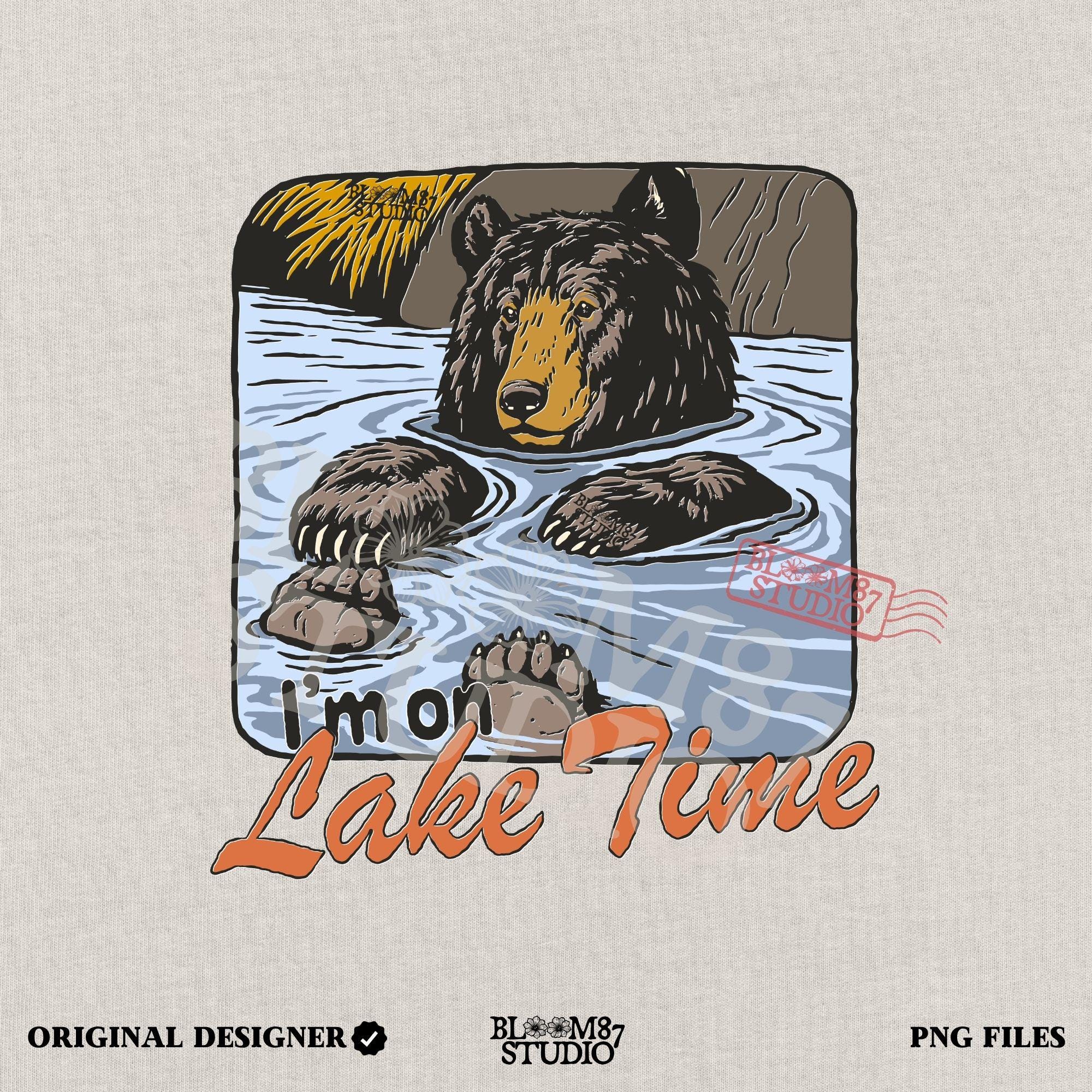 Cartoon bear relaxing in a lake with paws up, text reads “I’m on Lake Time,” in a cozy, vintage outdoor style.