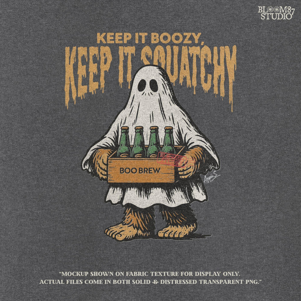 Funny Bigfoot dressed as a ghost holding a six-pack labeled “Boo Brew,” with spooky text “Keep It Boozy, Keep It Squatchy” above.