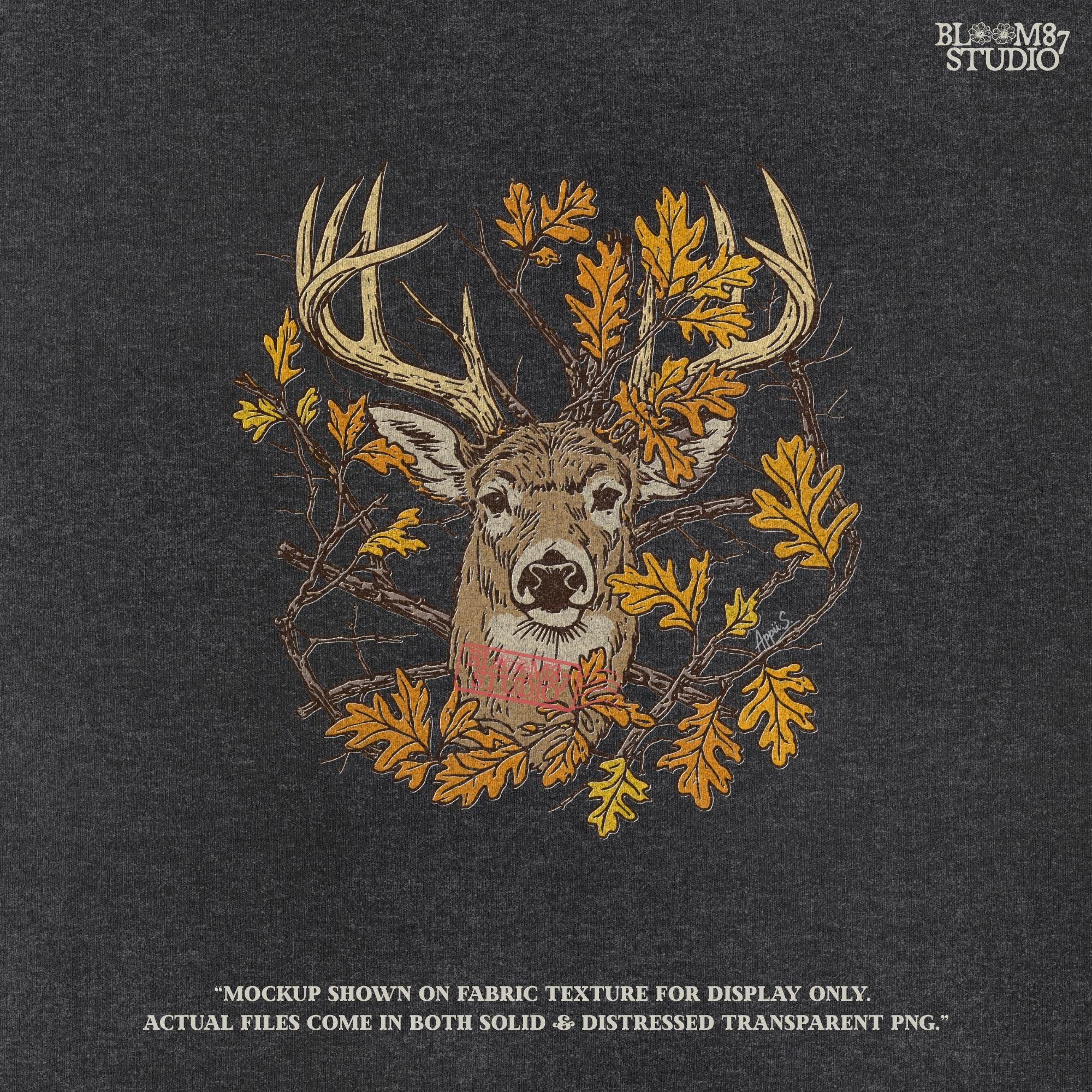 Illustration of a whitetail deer head with large antlers surrounded by golden autumn oak leaves and forest branches, rustic fall theme.