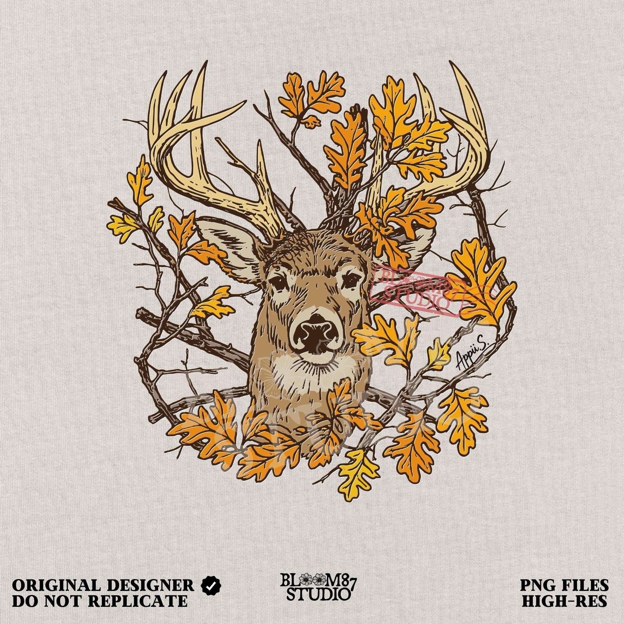 Illustration of a whitetail deer head with large antlers surrounded by golden autumn oak leaves and forest branches, rustic fall theme.