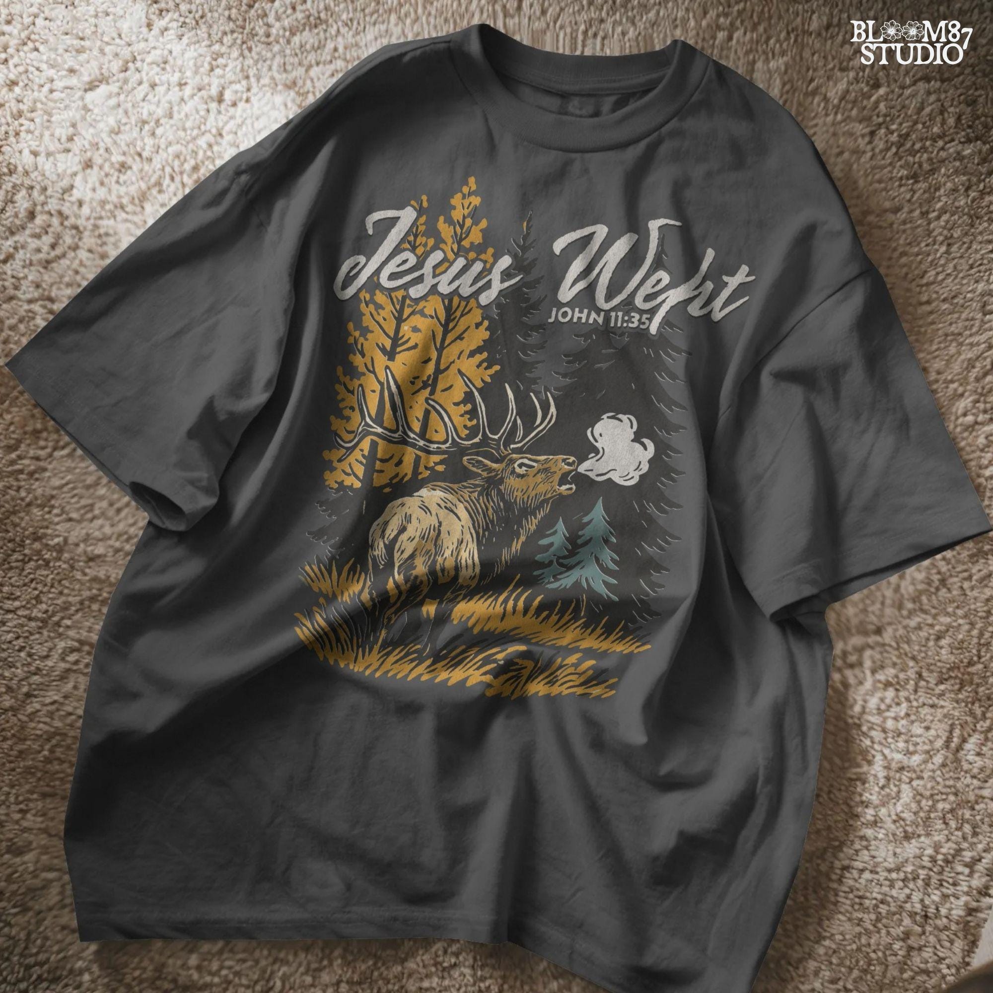 Christian sublimation PNG of a bull elk calling in an autumn forest with pine and yellow trees, featuring “Jesus Wept – John 11:35” Bible verse text.