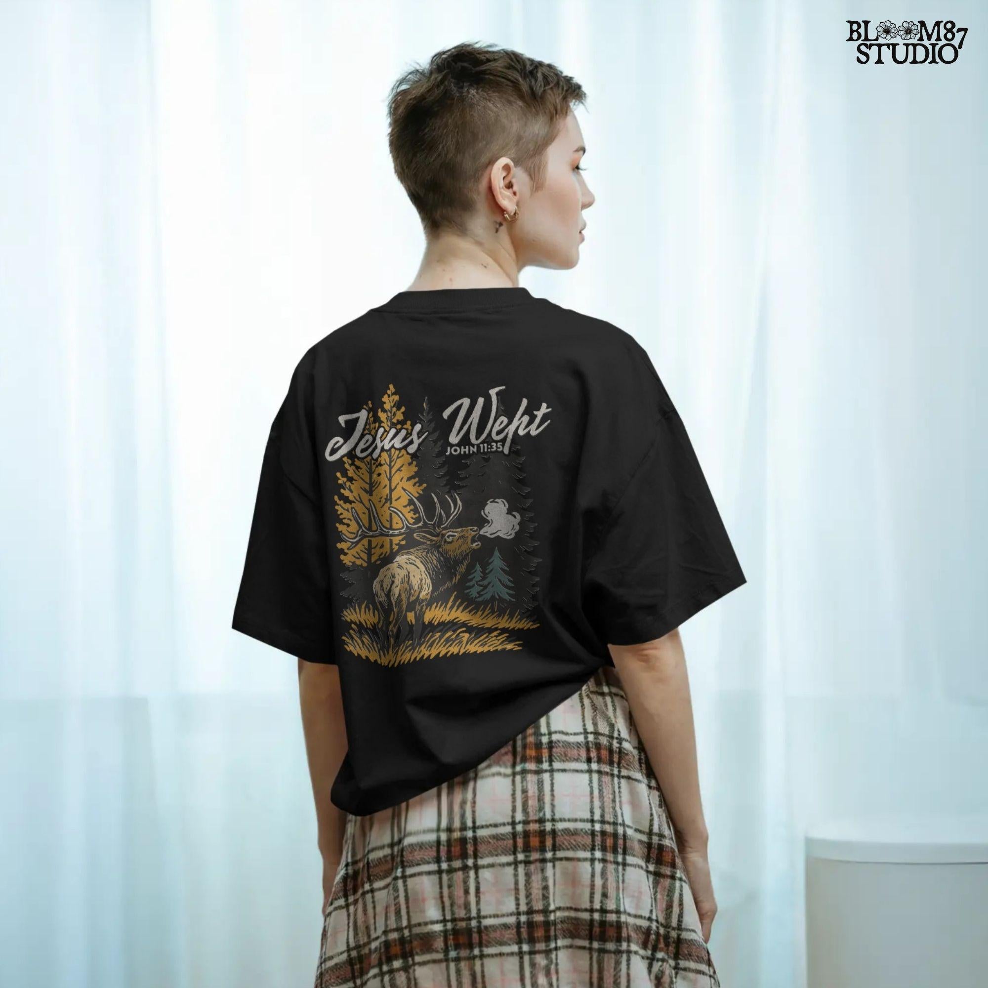 Christian sublimation PNG of a bull elk calling in an autumn forest with pine and yellow trees, featuring “Jesus Wept – John 11:35” Bible verse text.