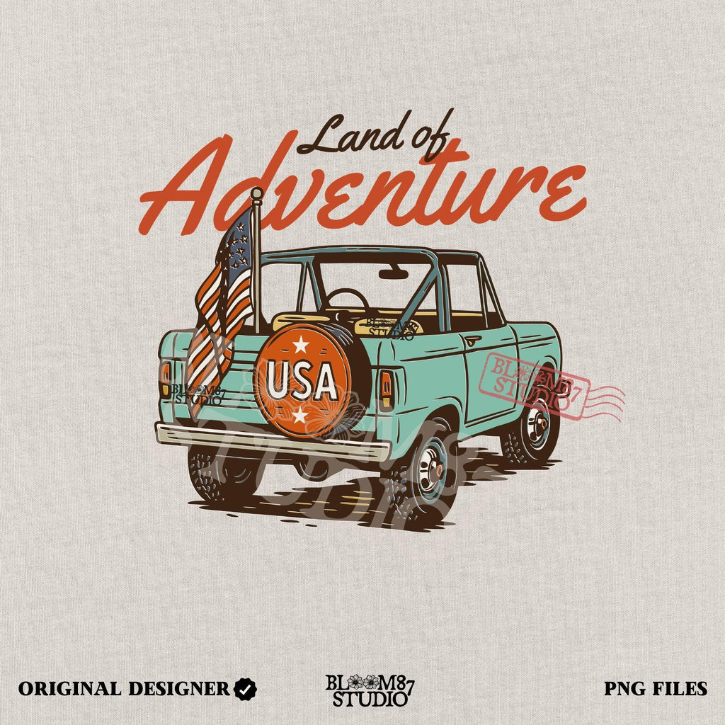 Vintage convertible truck with “USA” spare tire and American flag, text reads “Land of Adventure,” in a retro patriotic illustration style.