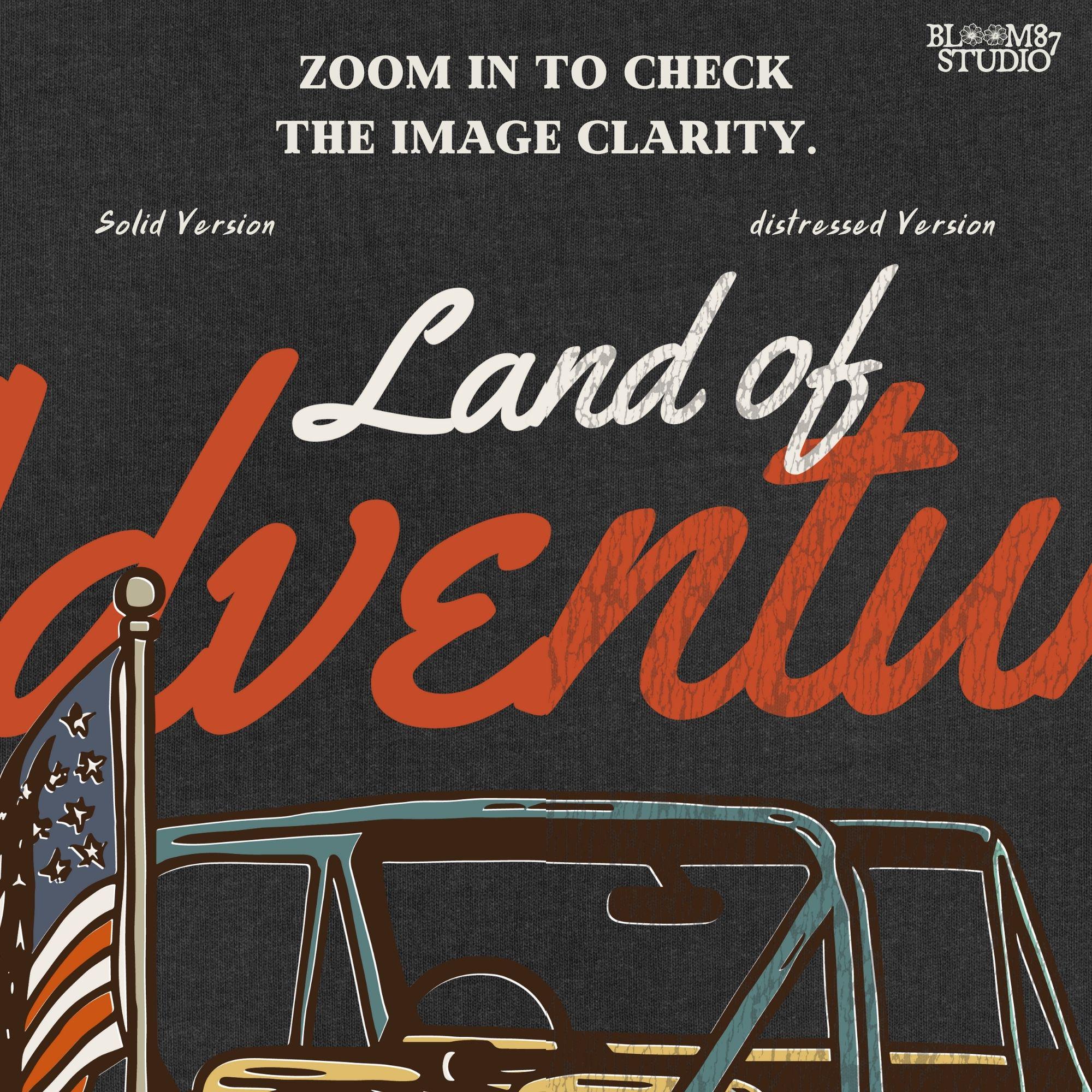 Vintage convertible truck with “USA” spare tire and American flag, text reads “Land of Adventure,” in a retro patriotic illustration style.