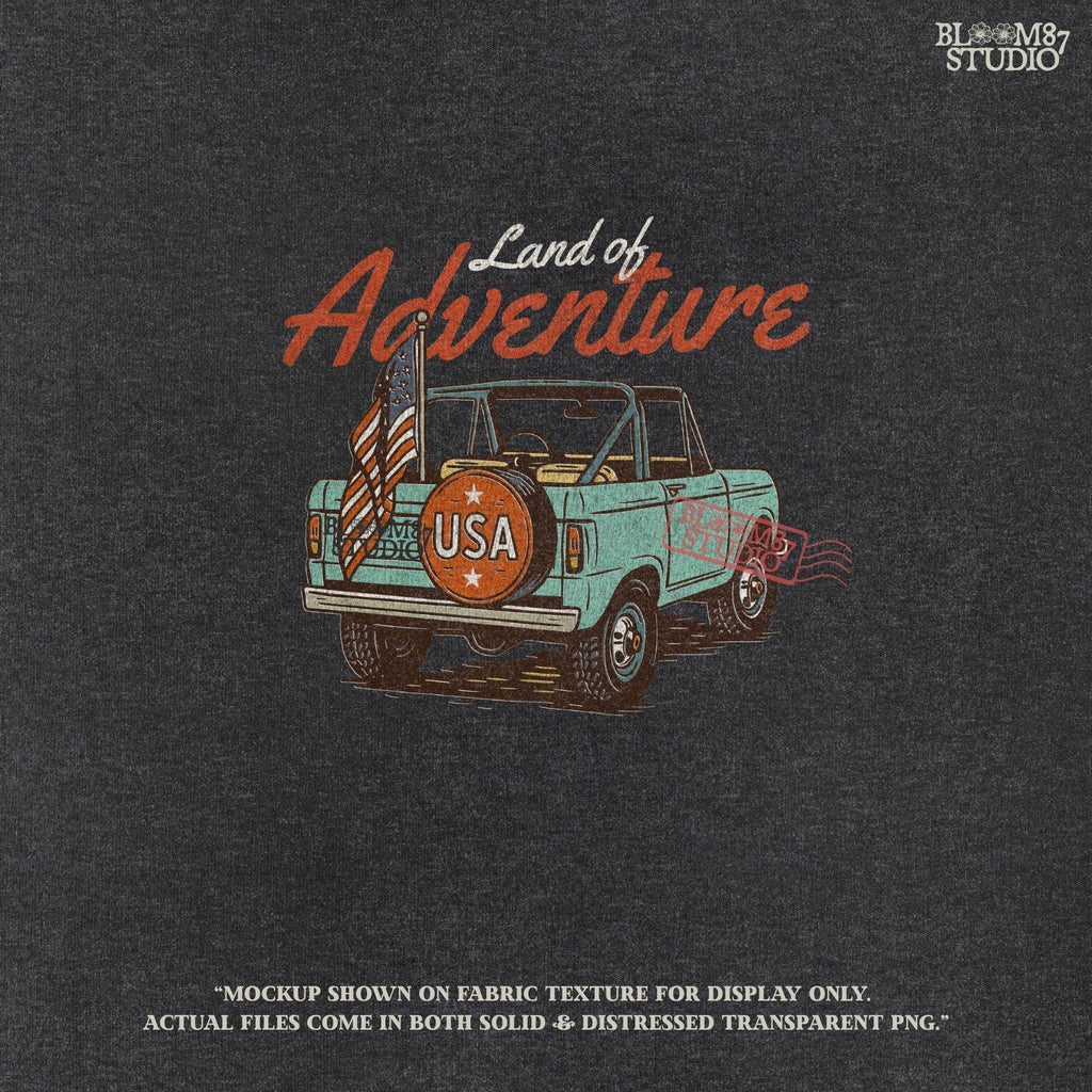 Vintage convertible truck with “USA” spare tire and American flag, text reads “Land of Adventure,” in a retro patriotic illustration style.