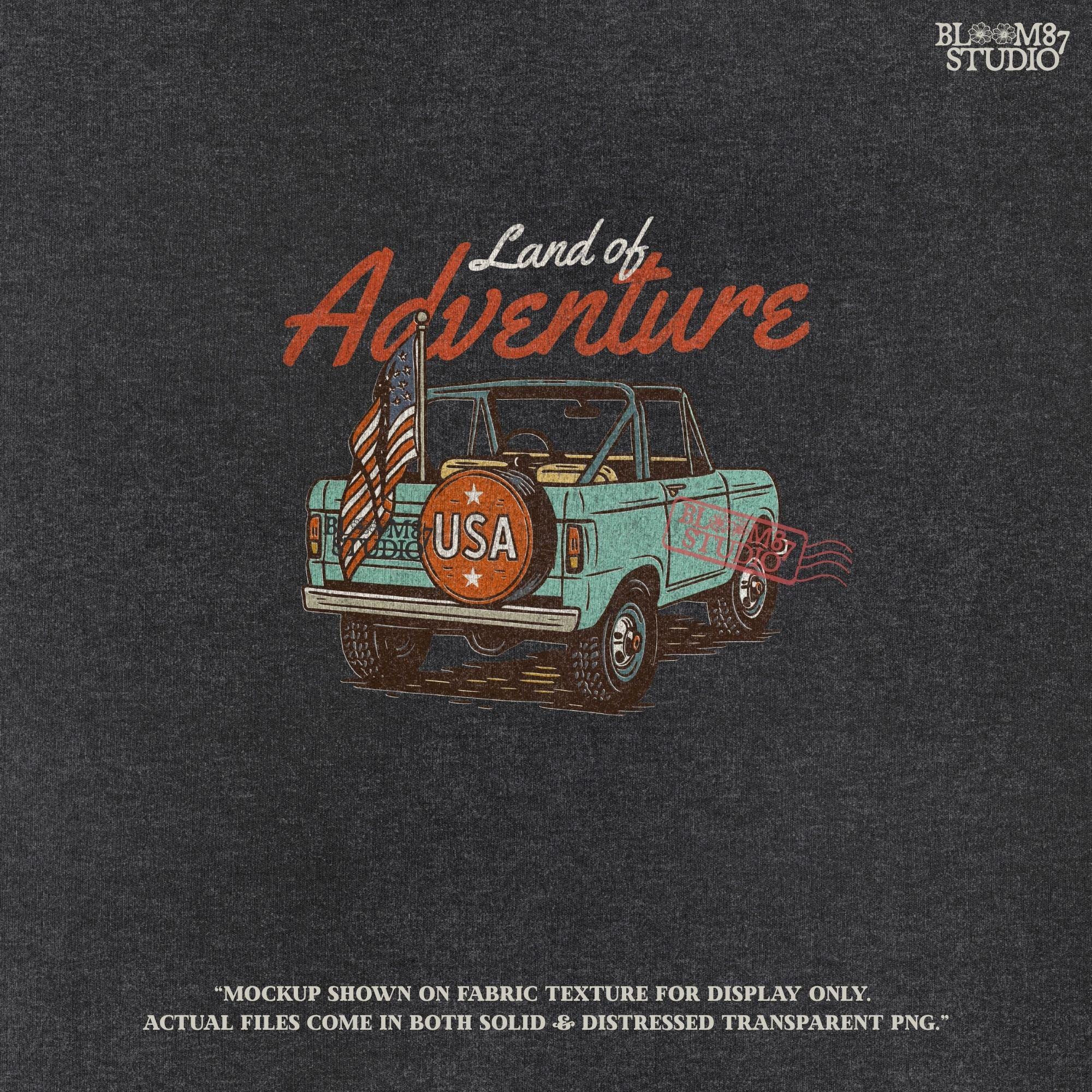 Vintage convertible truck with “USA” spare tire and American flag, text reads “Land of Adventure,” in a retro patriotic illustration style.
