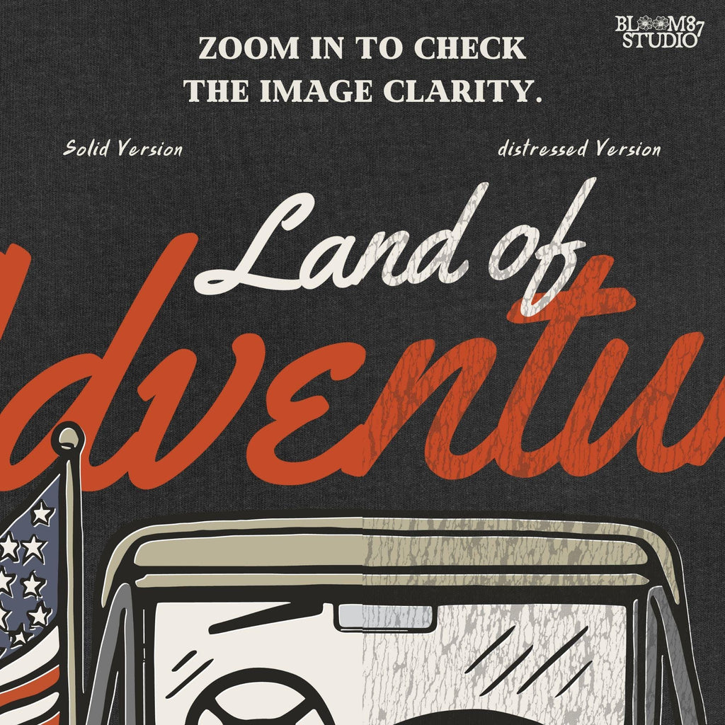 Vintage offroad truck seen from the back with “USA” spare tire and waving American flag, text reads “Land of Adventure” in retro patriotic style.
