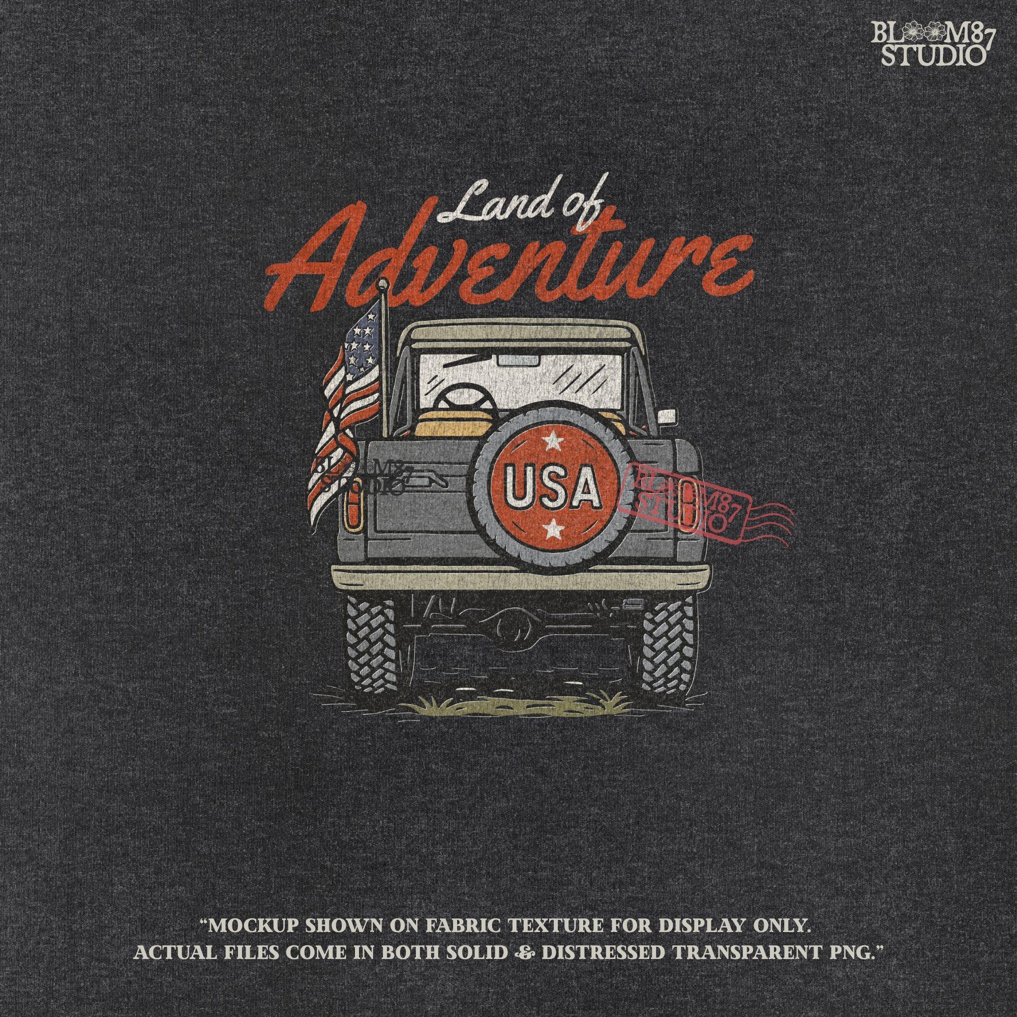Vintage offroad truck seen from the back with “USA” spare tire and waving American flag, text reads “Land of Adventure” in retro patriotic style.