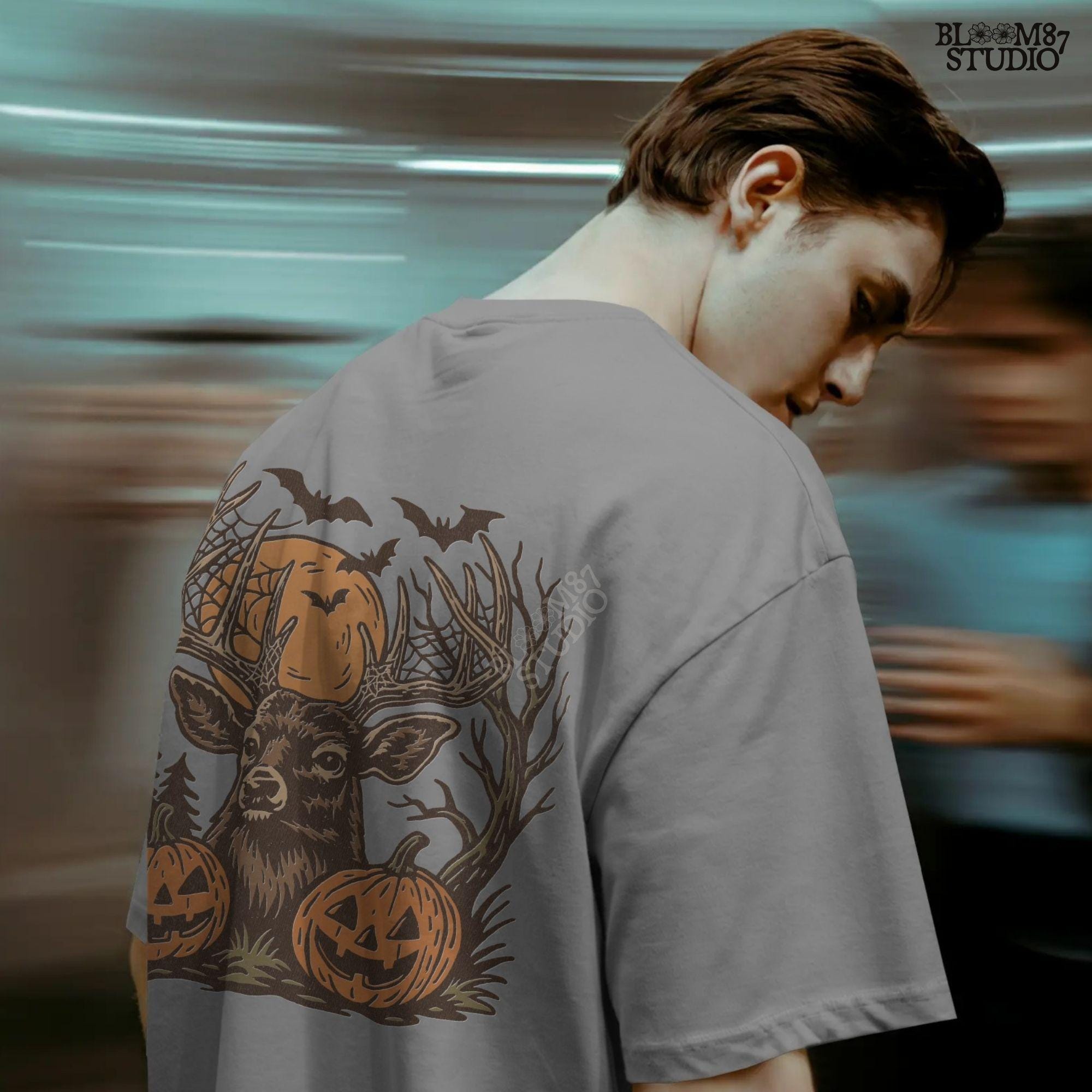 Halloween-themed sublimation PNG of a deer with spiderweb antlers, jack-o’-lantern pumpkins, bats, and a spooky forest background.