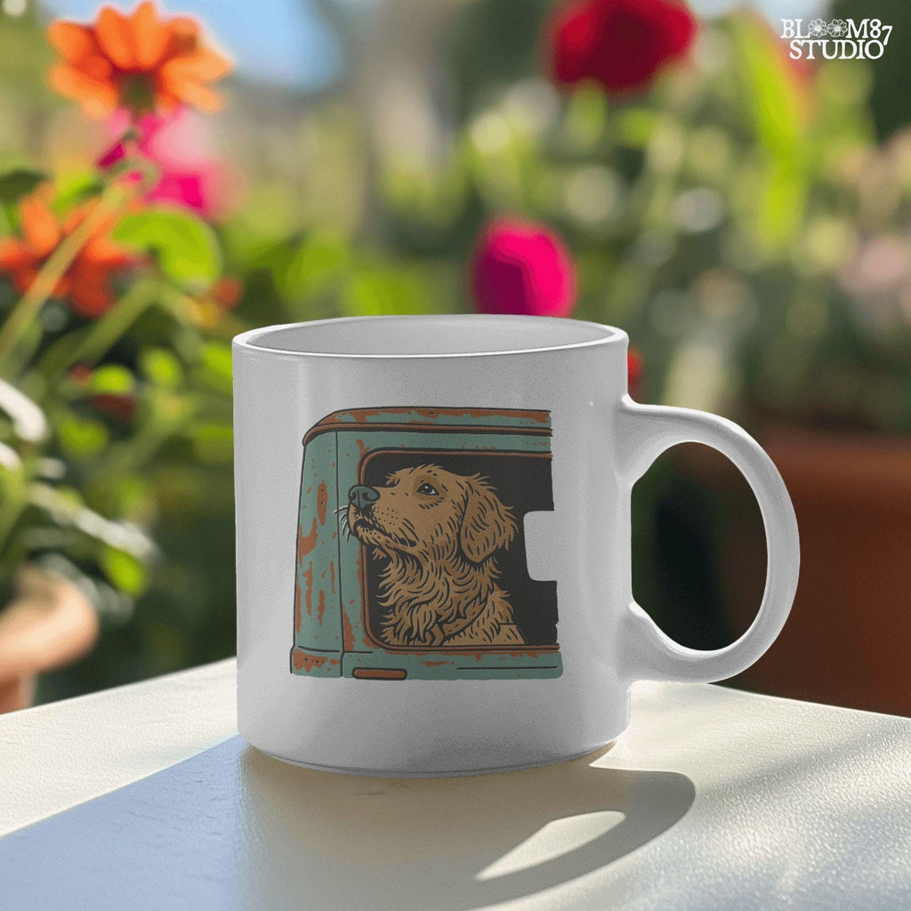 Vintage-style illustration of a golden retriever dog looking out the window of an old rusty green truck, ideal for country or pet-themed designs.