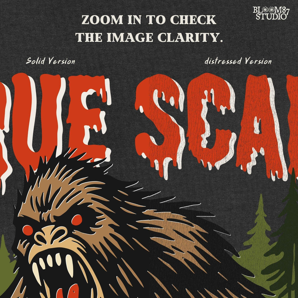 Angry Bigfoot cryptid illustration in a forest with red glowing eyes, used for Halloween sublimation or horror-themed crafts.