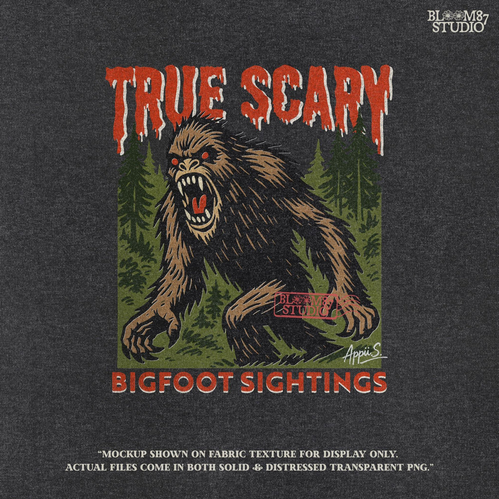 Angry Bigfoot cryptid illustration in a forest with red glowing eyes, used for Halloween sublimation or horror-themed crafts.