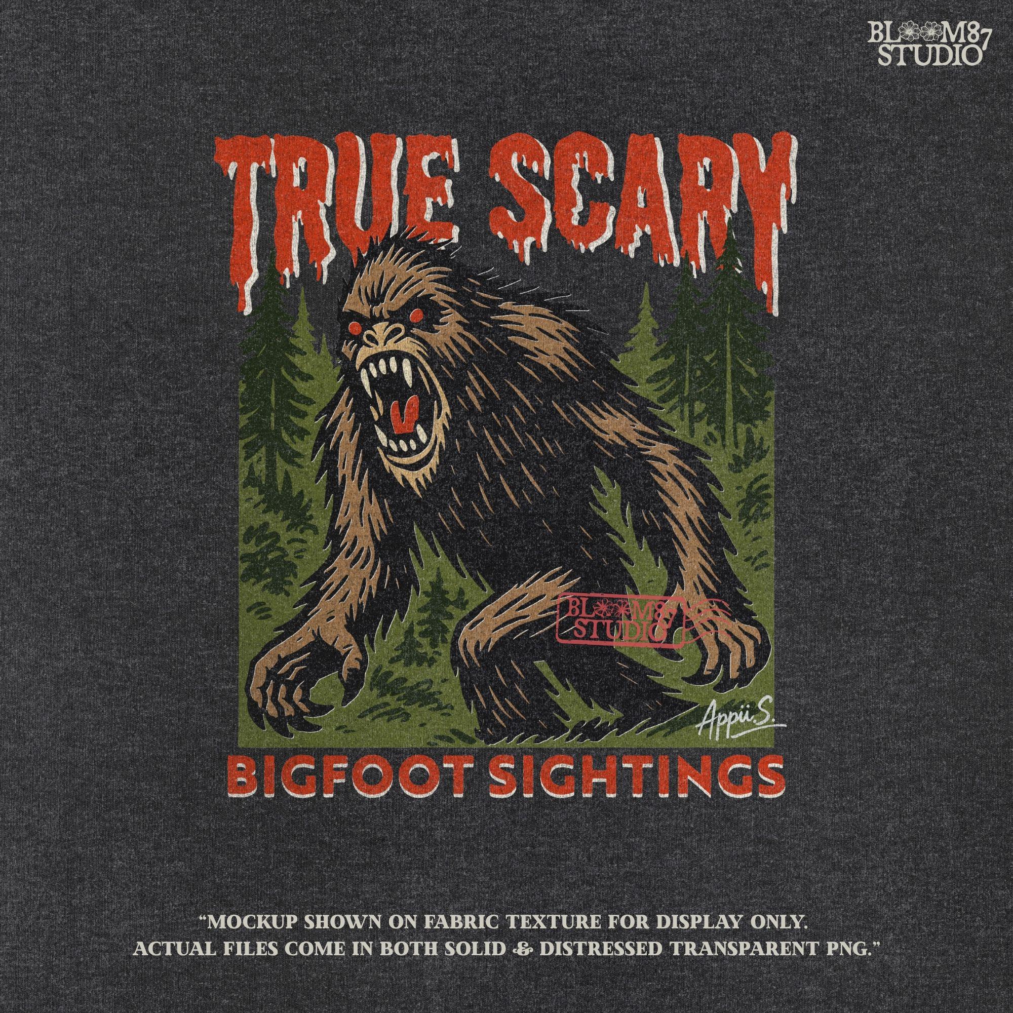 Angry Bigfoot cryptid illustration in a forest with red glowing eyes, used for Halloween sublimation or horror-themed crafts.