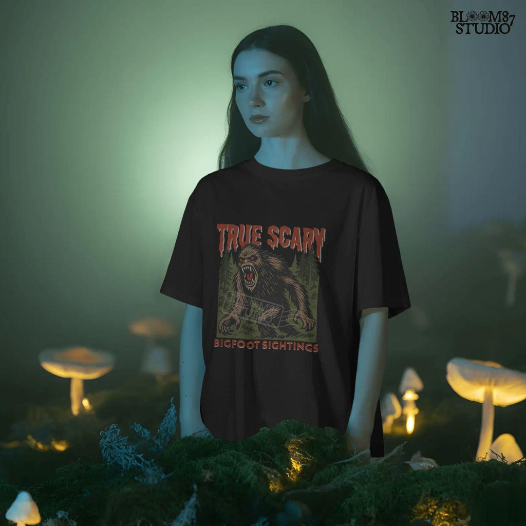 Angry Bigfoot cryptid illustration in a forest with red glowing eyes, used for Halloween sublimation or horror-themed crafts.